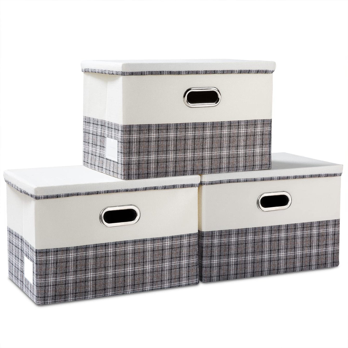 PRANDOM Large Collapsible Storage Bins with Lids [3-Pack] Linen/Cotton Blend Foldable Storage Boxes Organizer Containers Baskets Cube with Cover for Home Bedroom Closet Office Nursery(17.7x11.8x11.8)