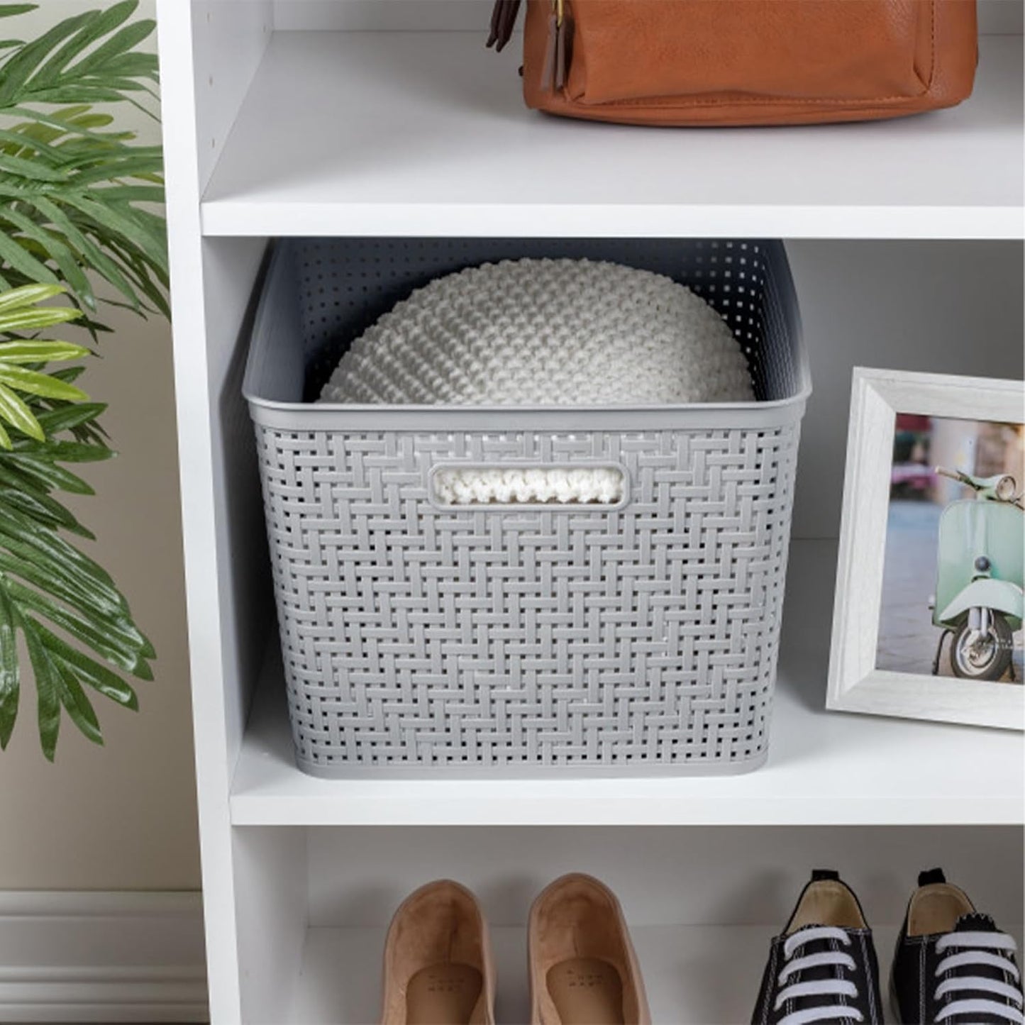 Sterilite Tall Basket, Woven Plastic Storage Organizer Bin, Cement, 6-Pack