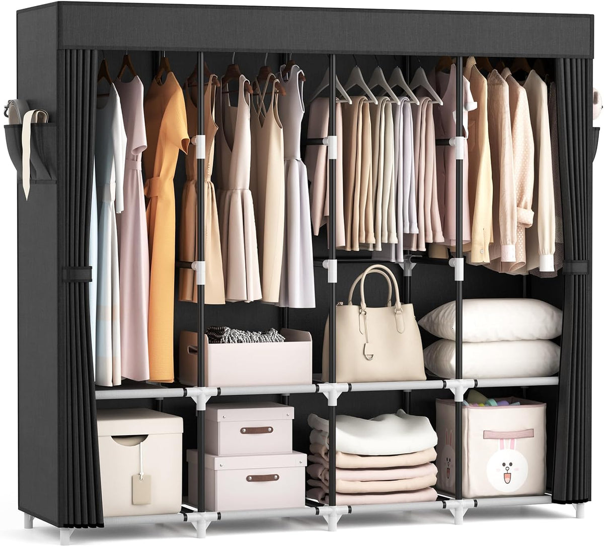 VTRIN Portable Closet for Hanging Clothes 67 Inch Wide Large Capacity Portable Wardrobe Closet with Cover, 4 Storage Shelves and 4 Hanging Rod Sturdy Free Standing Closet for Bedroom, Black