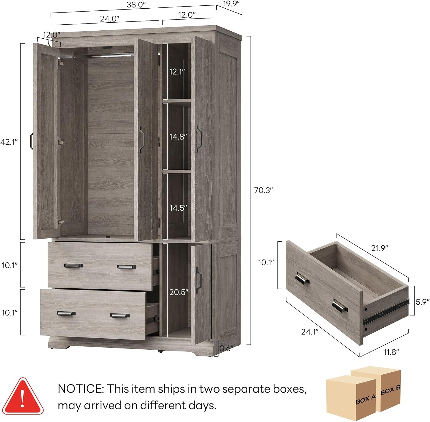 Bedroom Armoire with Drawers, 70" Freestanding Wardrobe Closet, Grey Oak