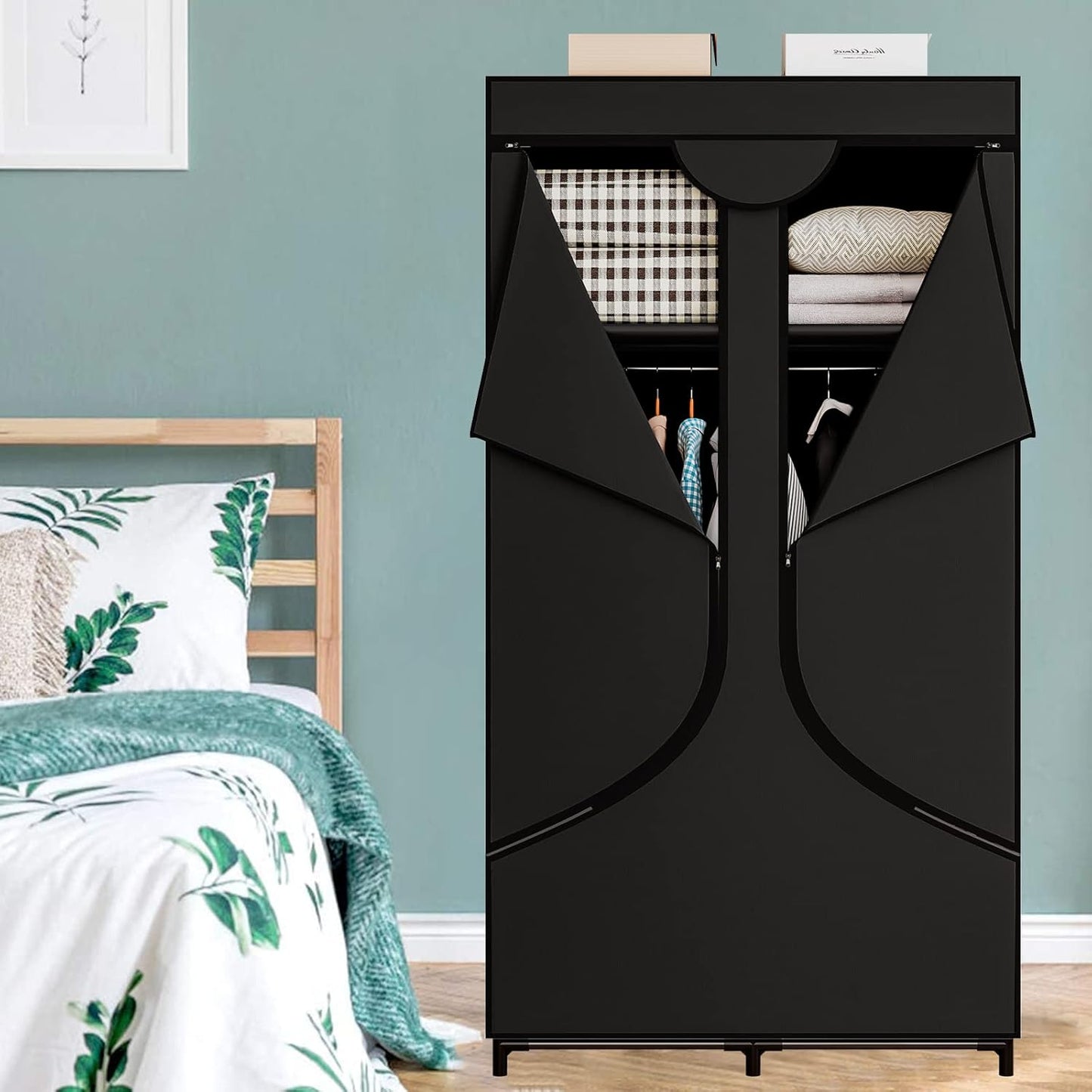 SORCEDAS Wardrobe Closet with Hanging Rods and Shelves for Clothes Storage