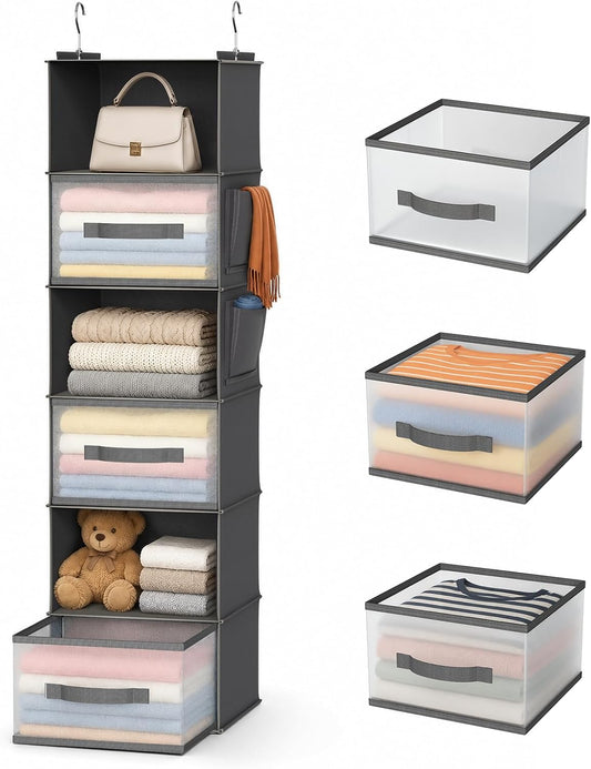 6-Shelf Hanging Closet Organizer with 3 Drawers & Side Pockets, Gray
