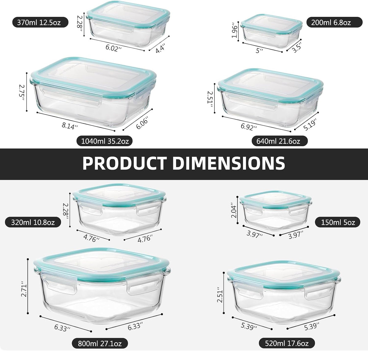 Liuruiyu Glass Food Storage Containers with Lids, 8 Pack Meal Prep Containers, Airtight Bento Boxes with Leak Proof Locking for Microwave, Oven, Freezer and Dishwasher, BPA Free（5oz to 36oz）