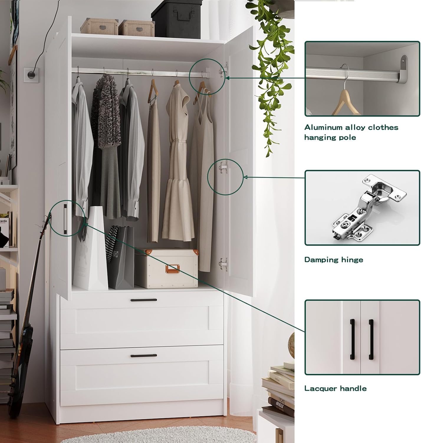 Fenghua Lizhi Wood White Wardrobe Closet with 2 Doors and 2 Drawers，Bedroom Freestanding Armoire Storage Cabinet with Shelves，Wooden Wardrobe Combination for Hanging Clothes (White 2 Drawers)