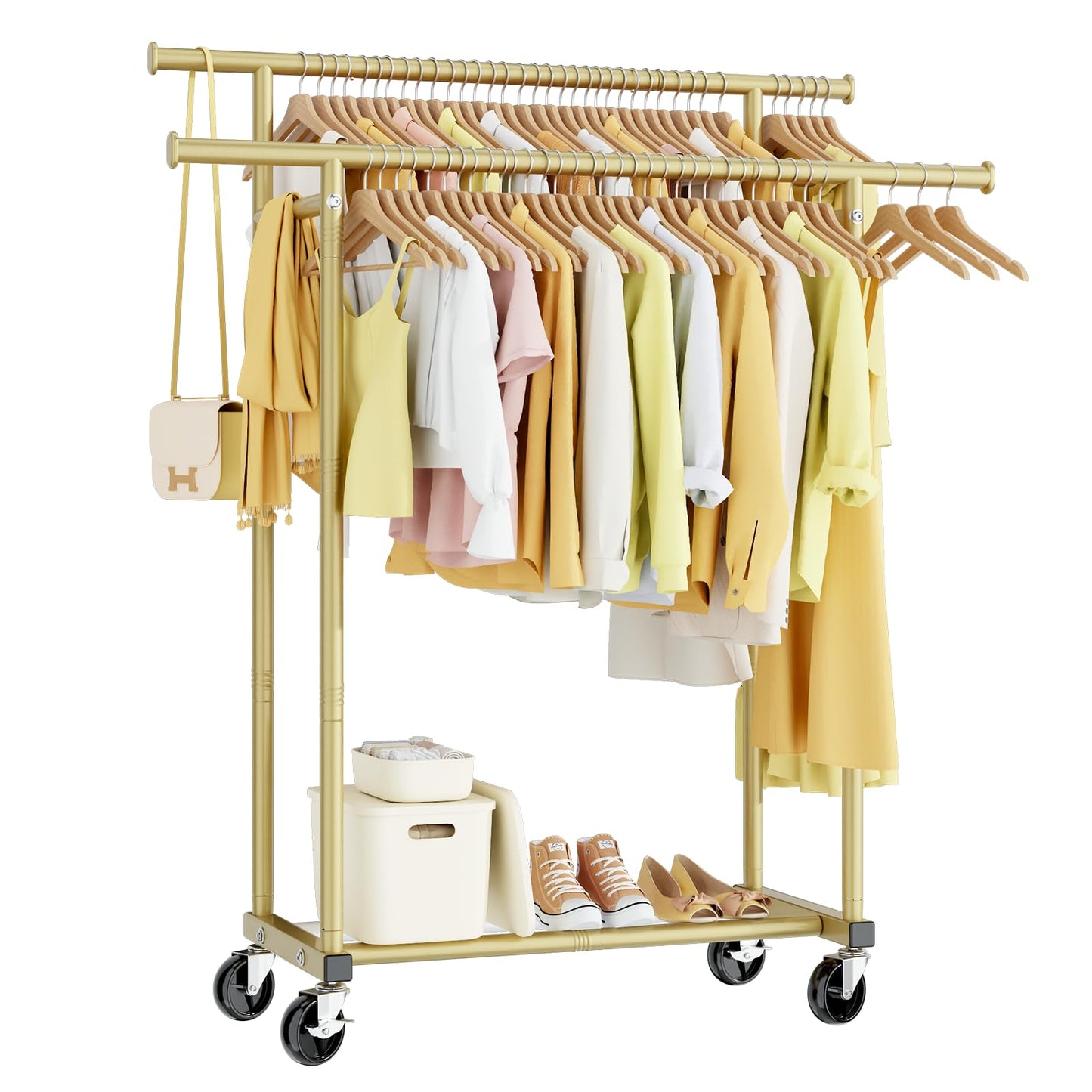 HYSEYY Double Rods Clothes Rack, Rolling Clothing Rack for Hanging Clothes Portable Wardrobe Rack, Metal Garment Rack Sturdy Coat Rack for Bedroom Laundry Living Room, Black