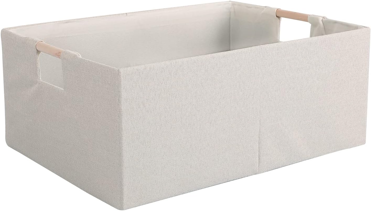 Fabric Storage Bin Box Foldable Cotton Linen Storage Basket with Wooden Handles Rectangular Cube Decorative Home Laundry Organizer Clothes Blanket Container – Beige, Medium