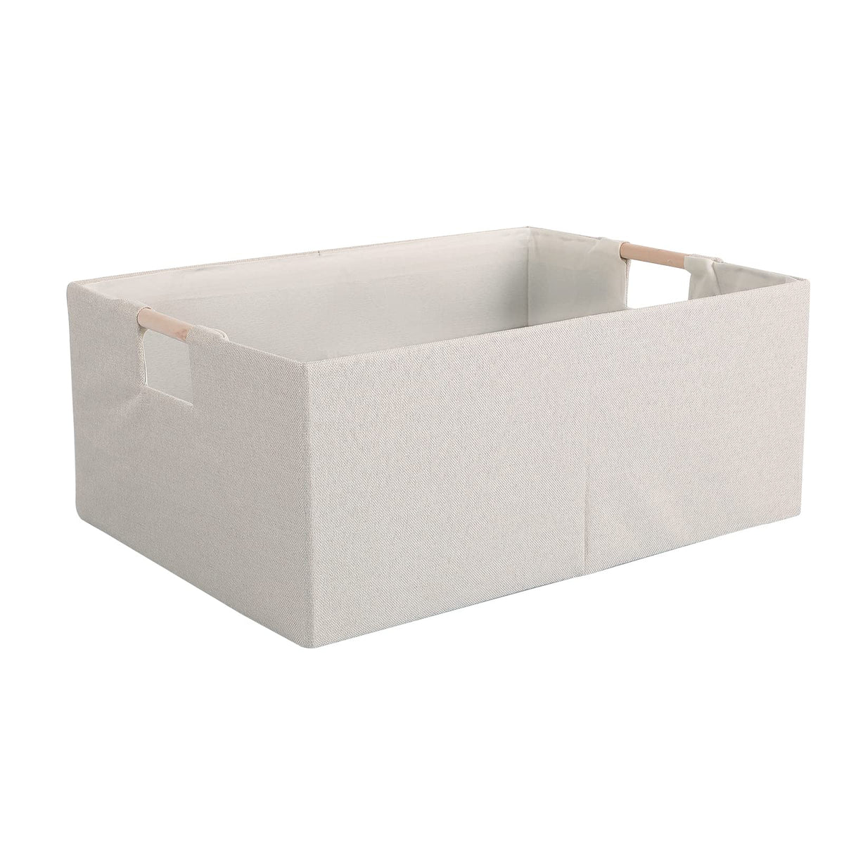 Fabric Storage Bin Box Foldable Cotton Linen Storage Basket with Wooden Handles Rectangular Cube Decorative Home Laundry Organizer Clothes Blanket Container – Beige, Medium