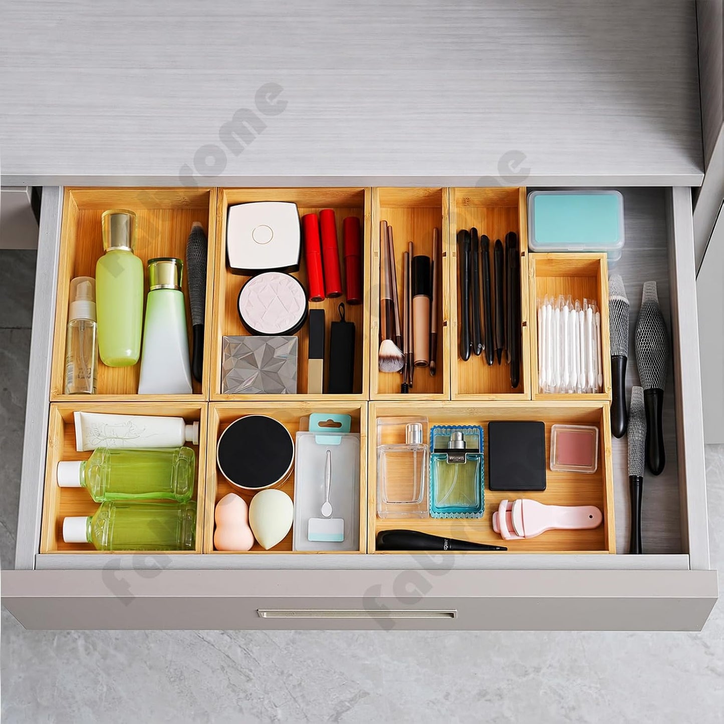 Fabsome Drawer Organizer, Set of 9 Bamboo Wood Kitchen Makeup Desk Junk Tea Drawer Storage Boxes Bins for Cutlery Silverware Utensils Flatware, Small Wooden Container Tray for Bathroom, Office