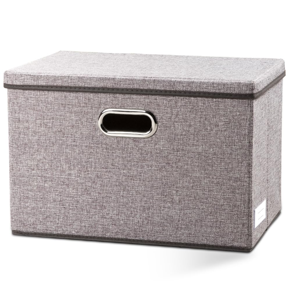 PRANDOM Large Collapsible Storage Bins with Lids [3-Pack] Jute Fabric Foldable Storage Boxes Organizer Containers Baskets Cube with Cover for Home Bedroom Closet Office Nursery (17.7x11.8x11.8)