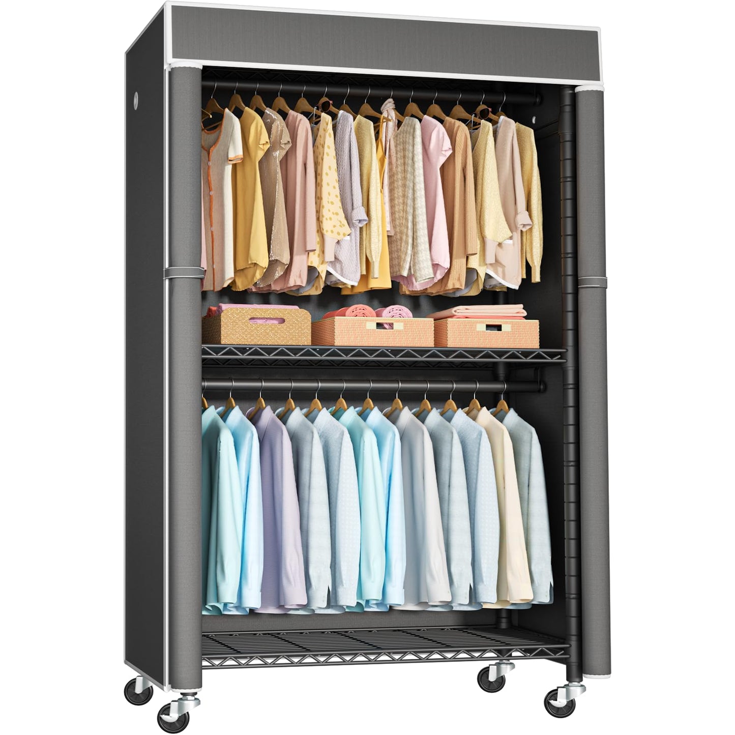 FUTASSI White Clothing Rack with Beige Cover, P1C Rolling Closets