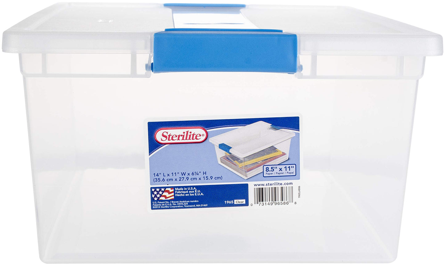 Sterilite Clip Box, Stackable Small Storage Bin with Latching Lid, Plastic Container to Organize Office, Crafts, Clear Base and Lid, Large, 1-Pack