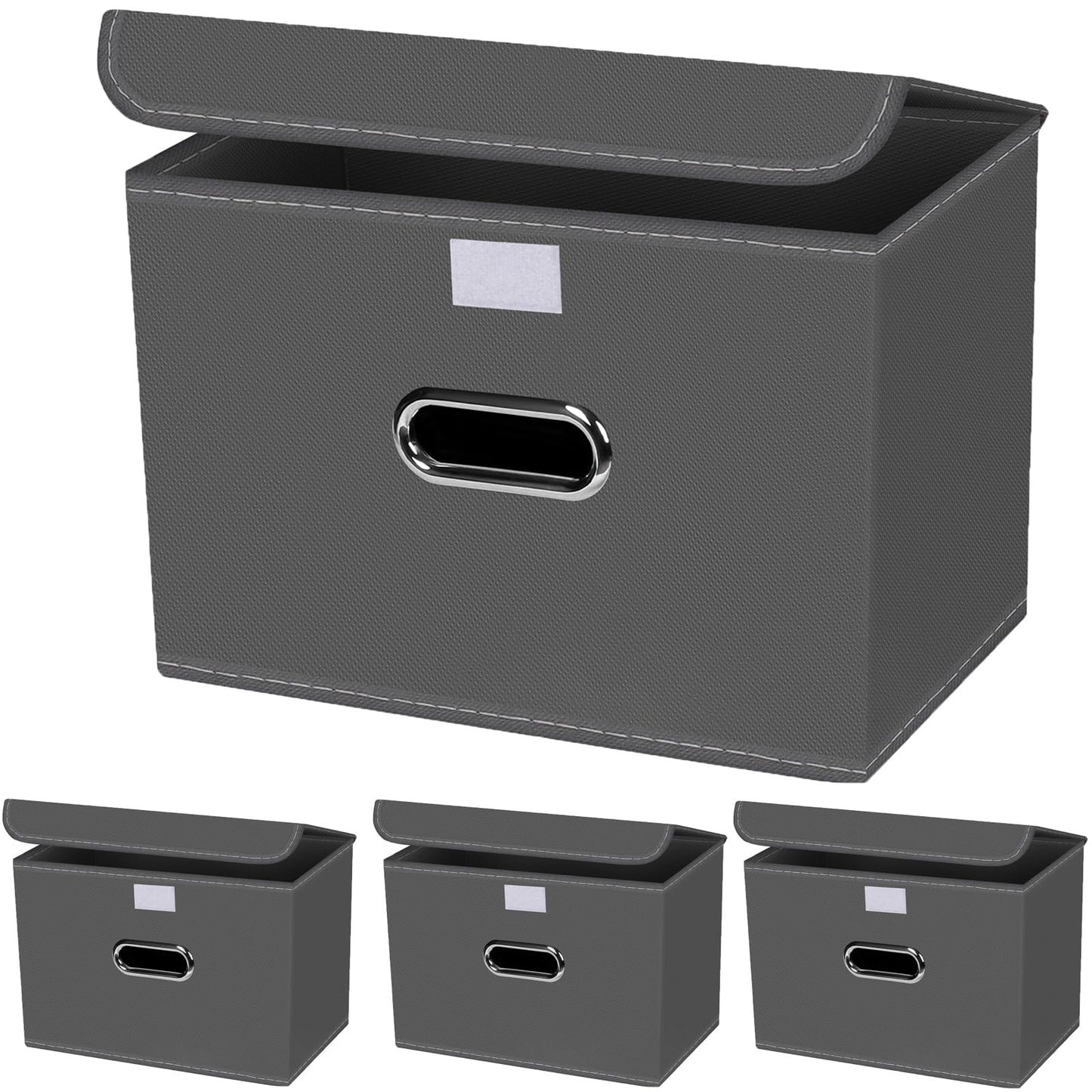 Linen Fabric Foldable Collapsible Storage Cube Bin Organizer Basket Fabric Storage Bins with Lid, Leather Handles, Removable Divider for Home, Closet,Navy Blue 3Pcs