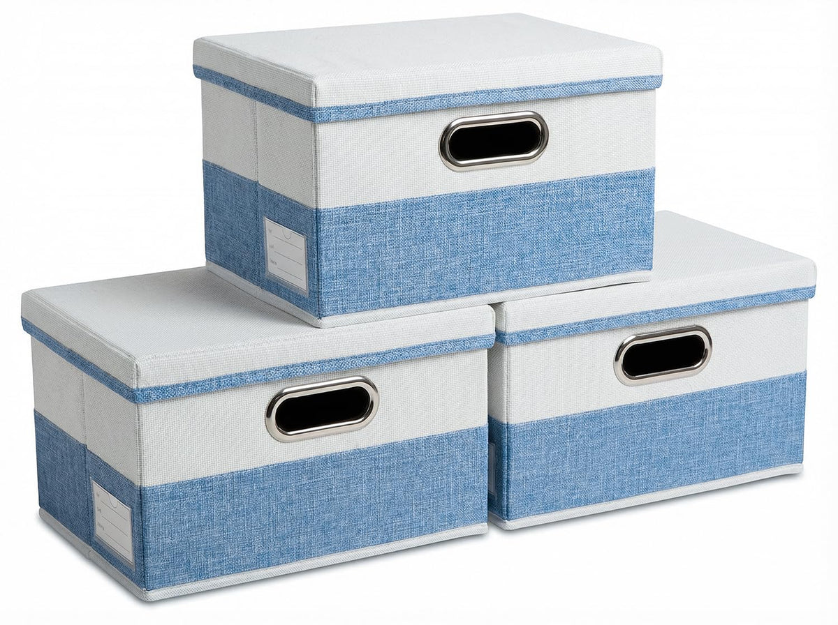 PRANDOM Large Collapsible Storage Bins with Lids [3-Pack] Jute Fabric Foldable Storage Boxes Organizer Containers Baskets Cube with Cover for Home Bedroom Closet Office Nursery (17.7x11.8x11.8)