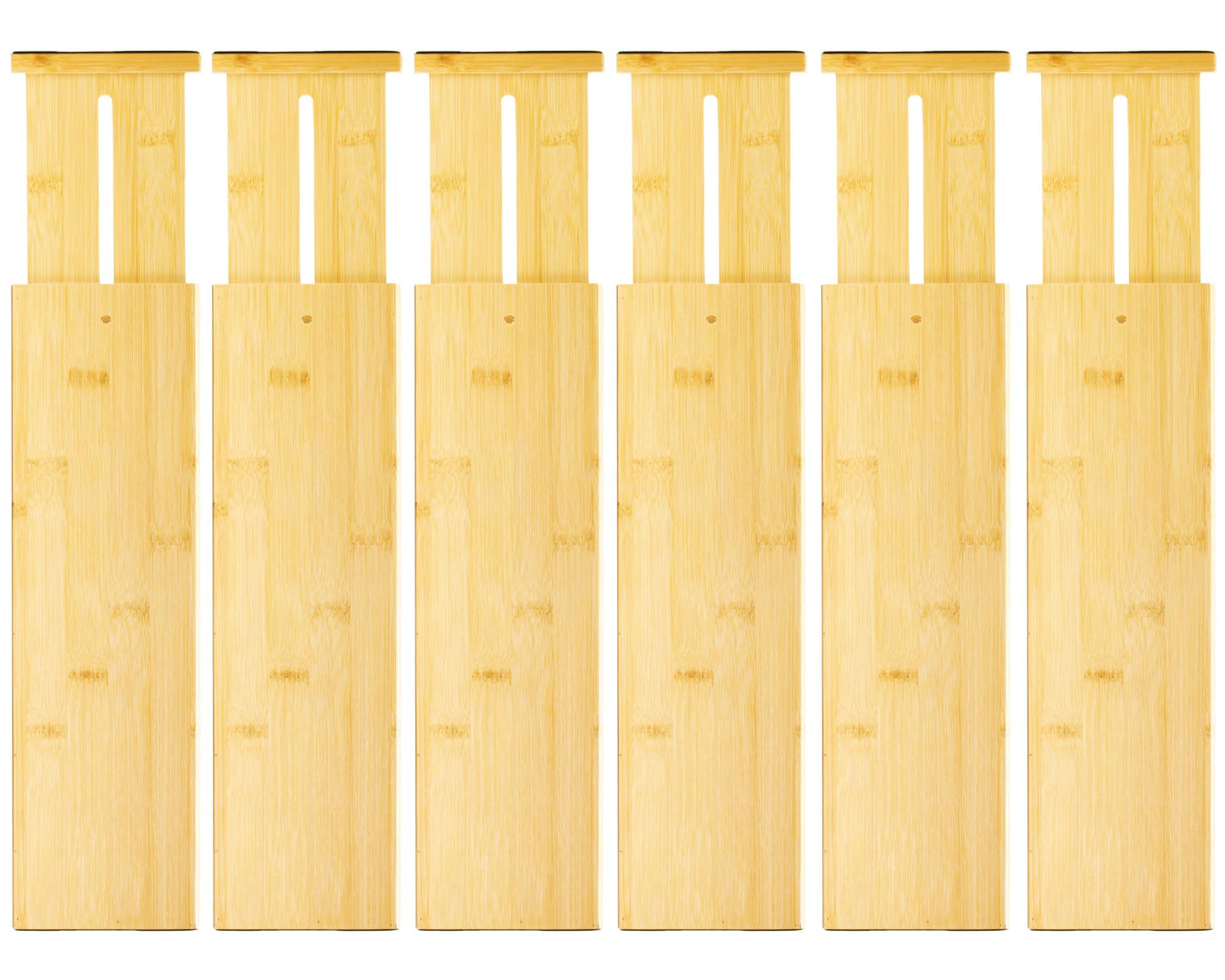 VaeFae 6-Pack Adjustable Bamboo Drawer Dividers, Expandable Drawer Organizer for Kitchen Utensils, Clothes, Bathroom, Office – Fits Drawer Interiors 16.6" to 21.8"