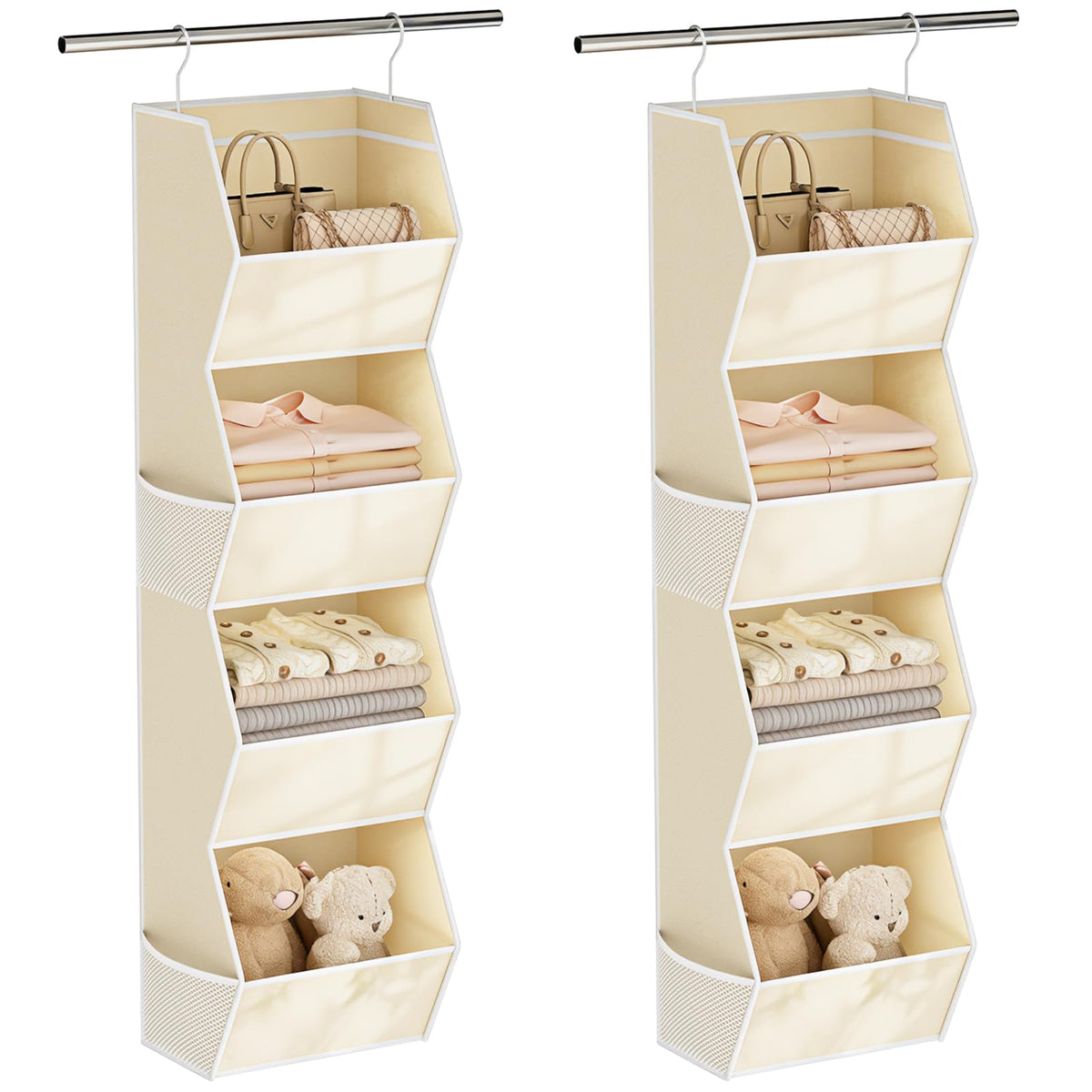 Hanging Closet Organizer 4 Shelf Collapsible Bedroom Closet Organizers and Storage Hanging with Mesh Pockets for Clothes, Fabric Hanging Storage Bins for Wardrobe Closet Organization and Storage, Grey