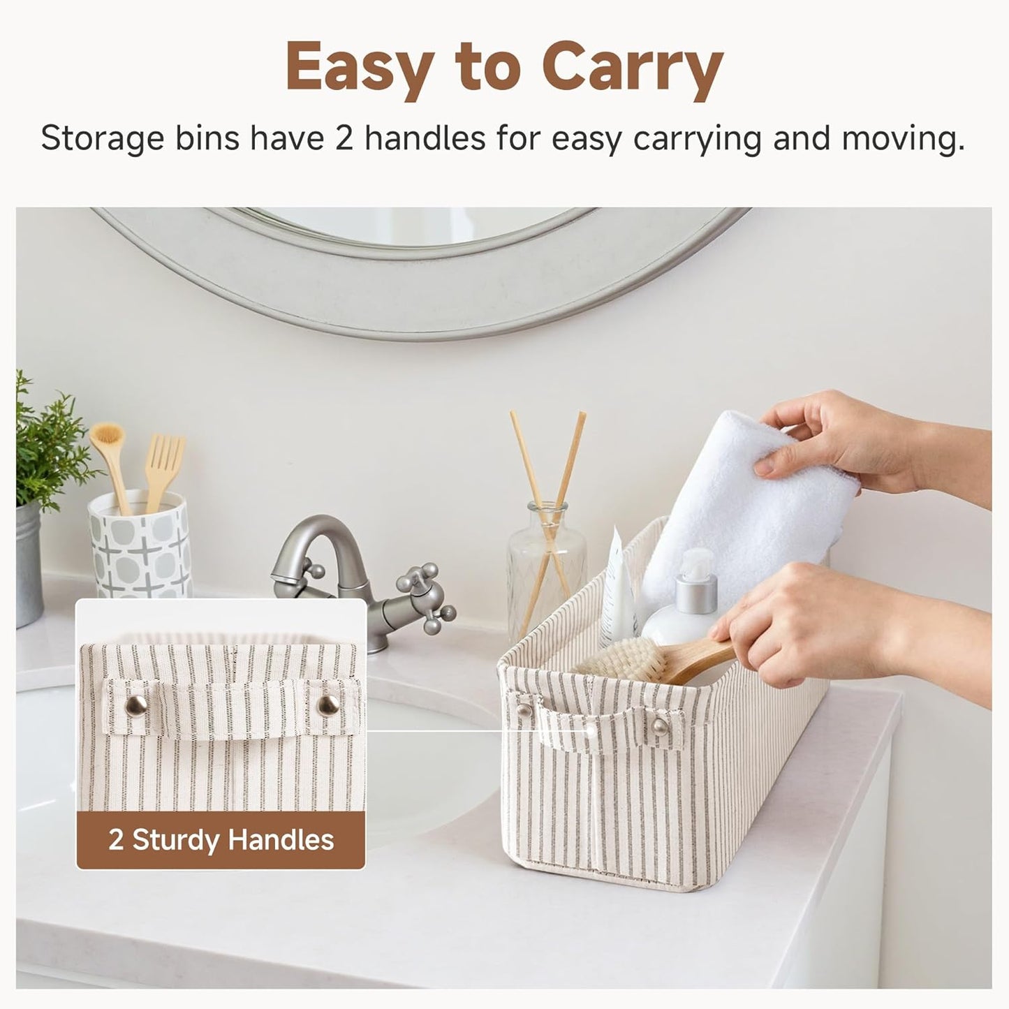 StorageWorks Fabric Narrow Storage Bins, Khaki and Beige Stripes, 2-Pack
