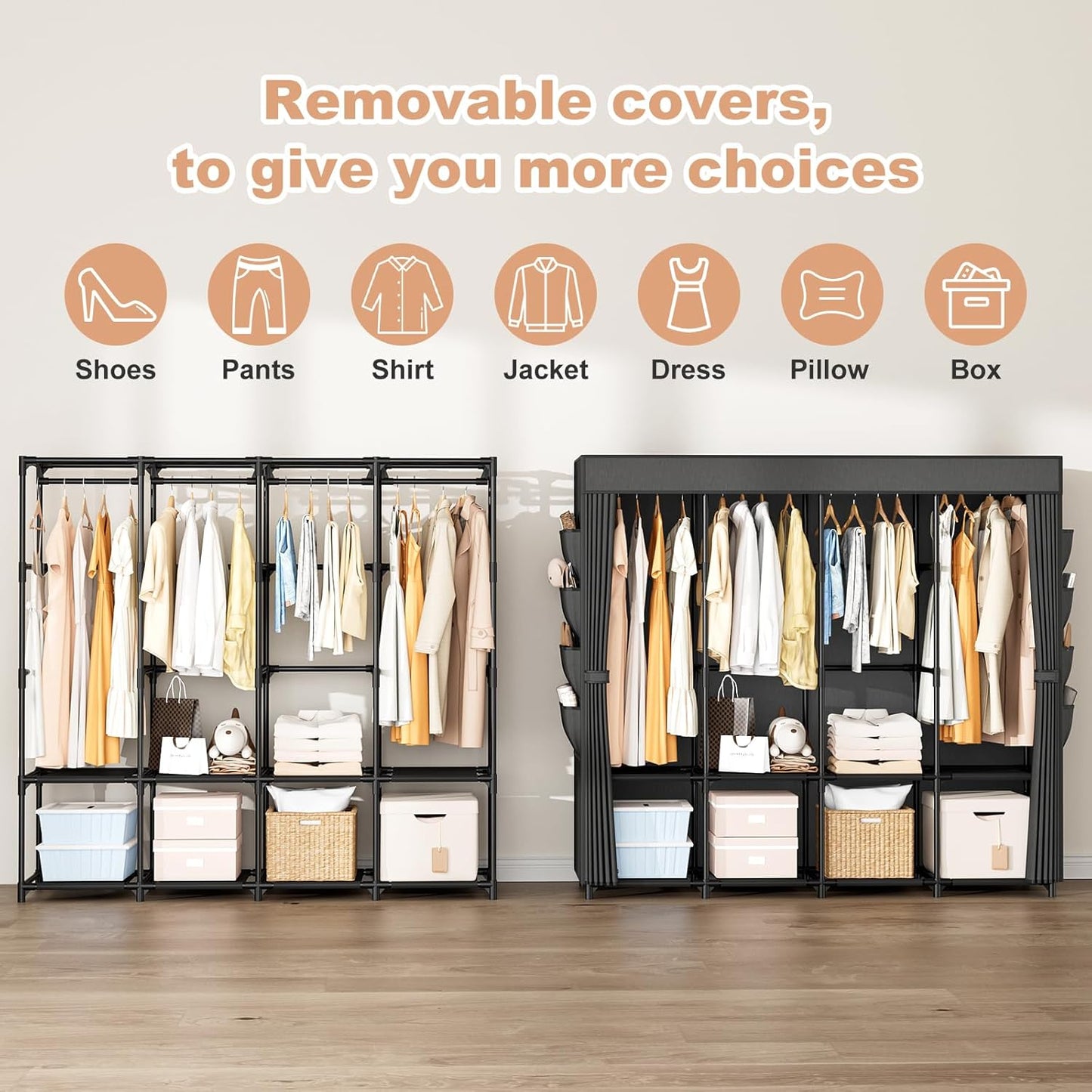 Portable Closet for Hanging Clothes, 67 Inch Wide Portable Wardrobe Closet with Cover, 4 Hanging Rod, Storage Shelves and Side Pockets, Large Free Standing Closet for Bedroom, Black