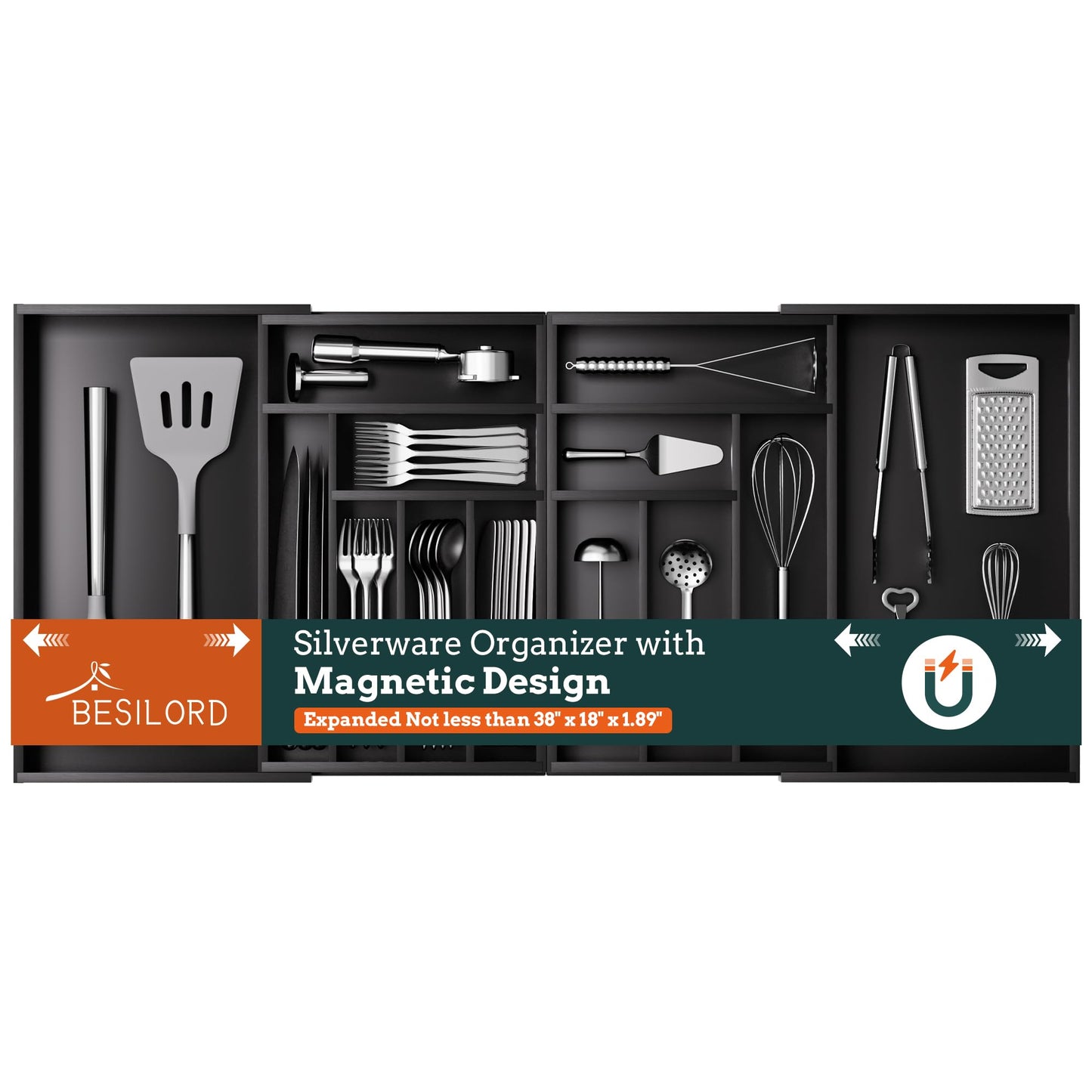 Silverware Organizer Large, Magnetic Connected Expandable 13 Slots Silverware Drawer Organizer From 21 to 37.4 Inches, Adjustable Flatware and Cutlery Holder, Bamboo Utensil Tray for Kitchen Natural