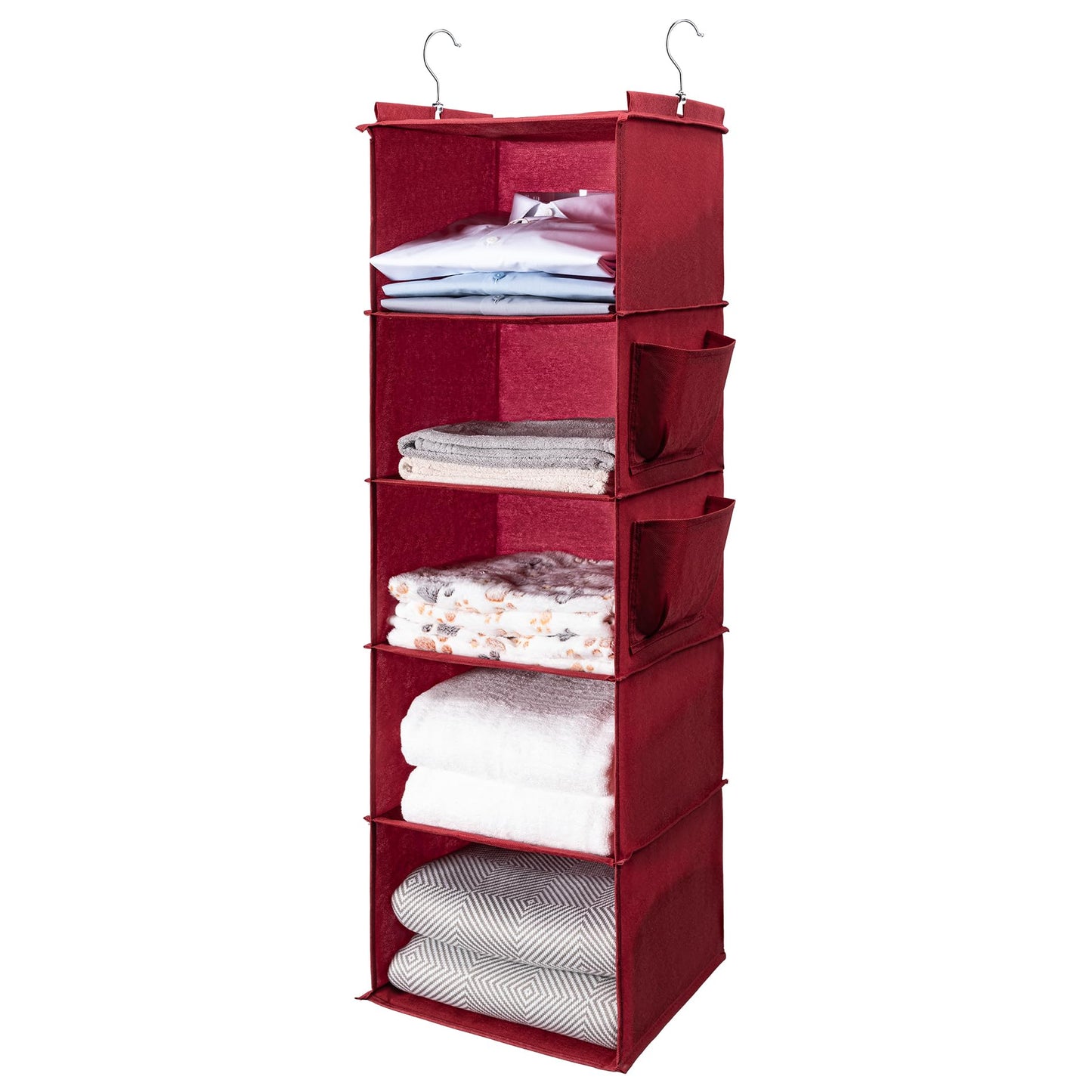 BOOMIBOO Hanging Closet Organize and Shelves，5-Hanging Shelf with 2 Side Pockets，Storage Foldable （Grey）