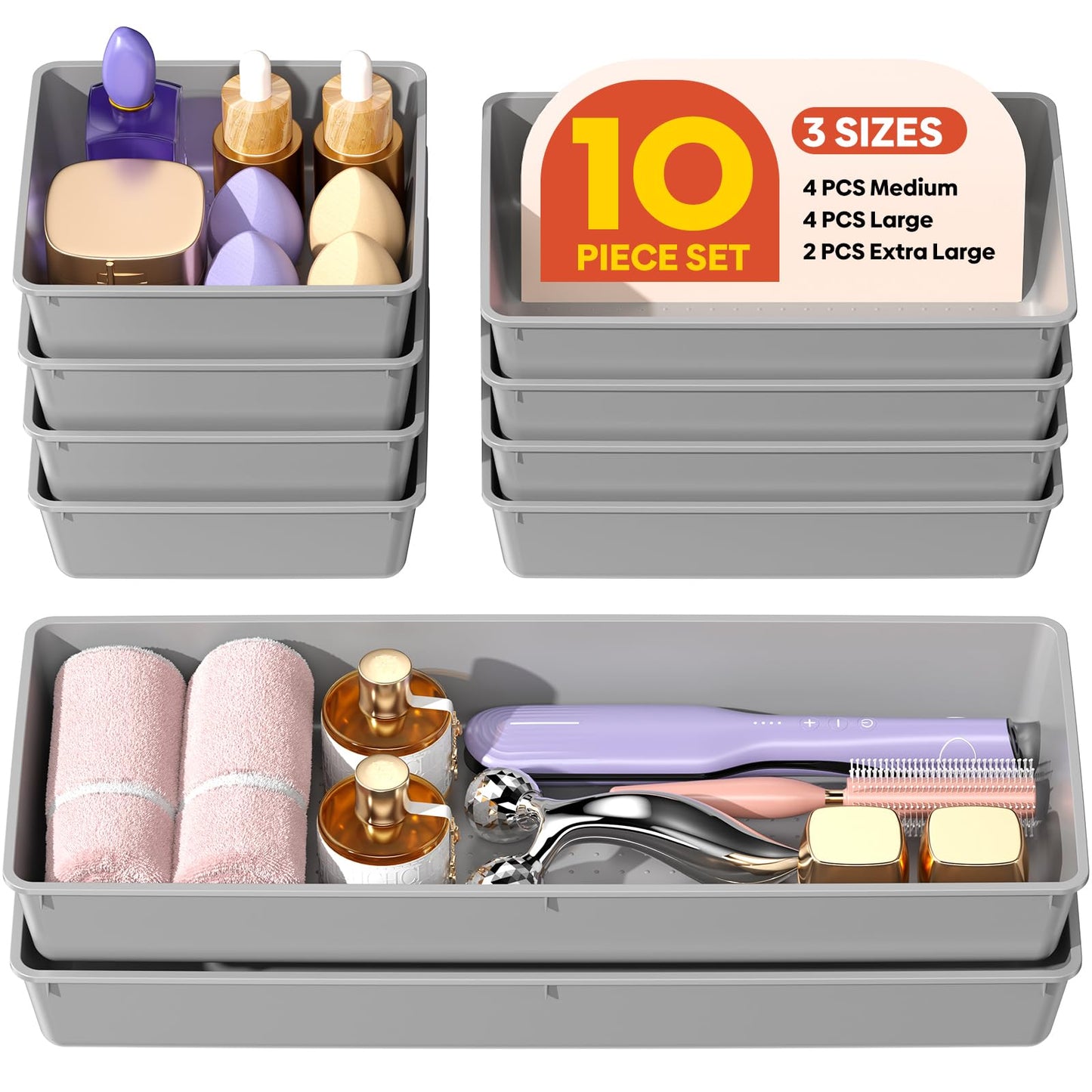 10 Pack Large Size Plastic Drawer Organizers Set, 3 Sizes Desk Drawer Organizer Trays, Storage Bins for Vanity, Makeup, Bathroom, Kitchen Utensils and Office (Black)