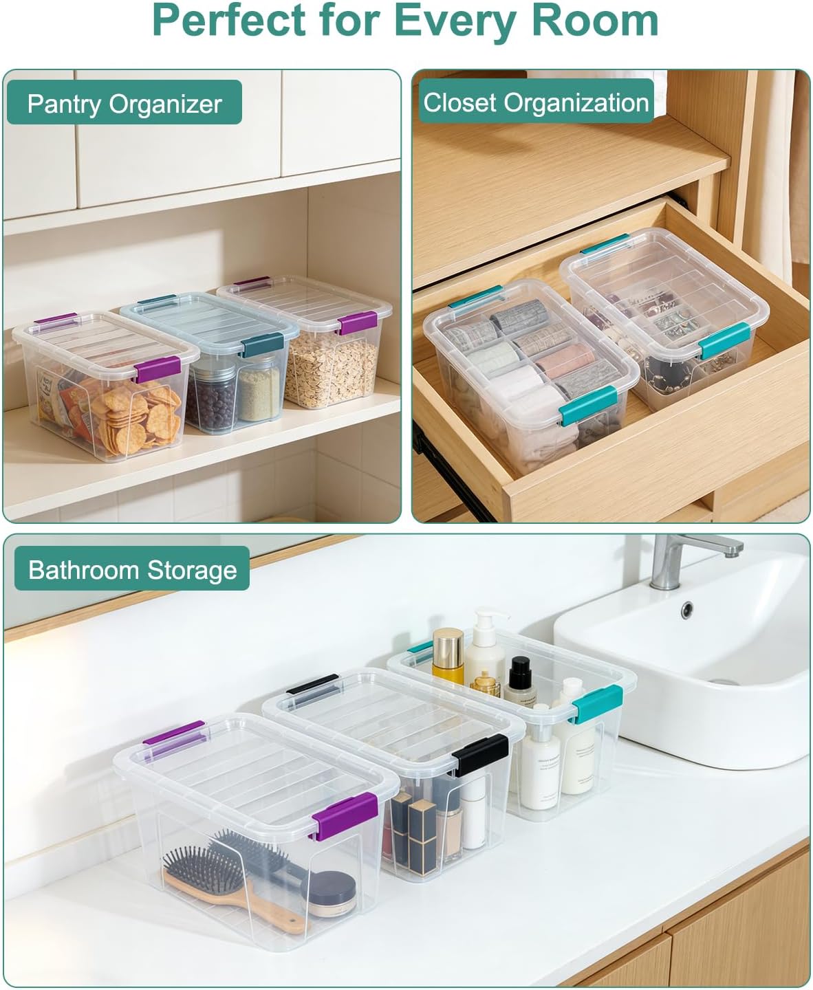 Storage Bins with Lids 6 Pack Clear Storage Containers, 7 Quart Stackable Plastic Containers with Secure Black Buckle Latch, Durable Storage Box Organizer for Pantry, Closet, Office & Classroom