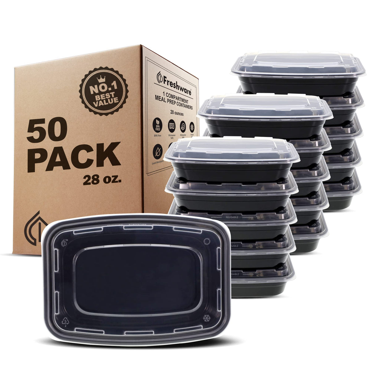 Freshware Meal Prep Containers [50 Pack] 1 Compartment Food Storage Containers with Lids, Bento Box, BPA Free, Stackable, Microwave/Dishwasher/Freezer Safe (16 oz)