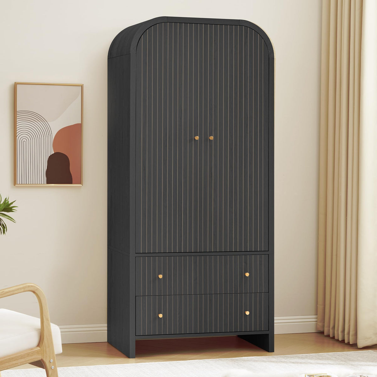 LEVNARY Arched Armoire Wardrobe Closet, Mid-Century Modern 2-Door Freestanding Wardrobe with Hanging Rod and 2 Drawers, Fluted Carved Clothing Storage Cabinet for Bedroom (Natural)