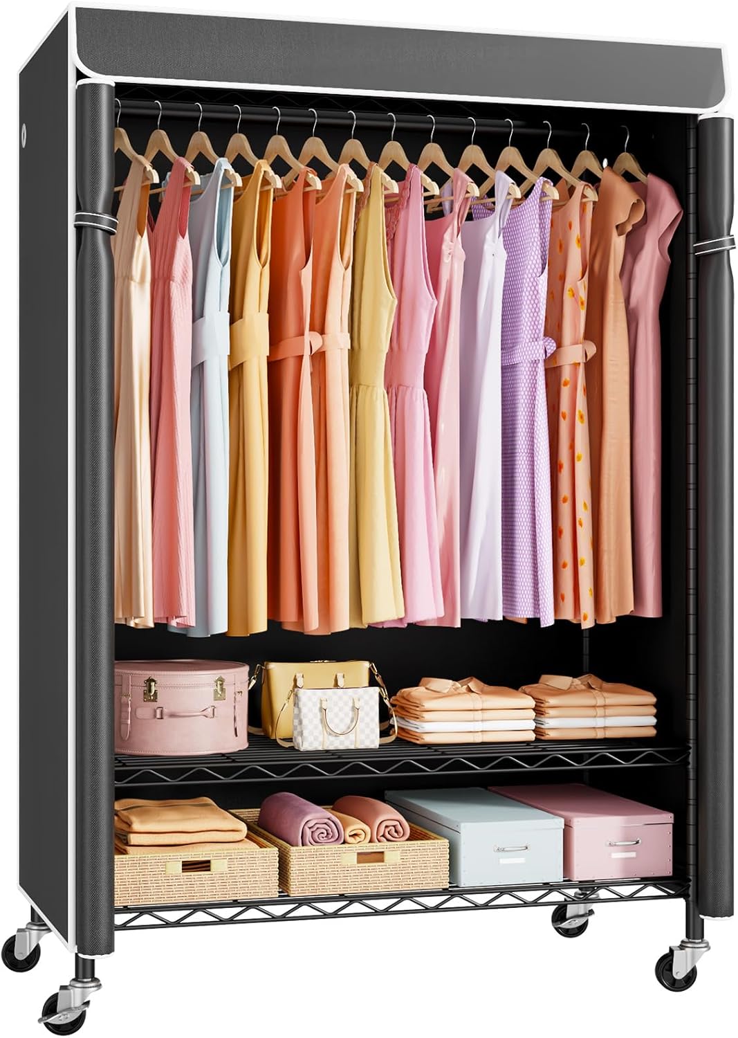 ULIFHOME P6C Plus Rolling Clothes Rack with Cover, Covered Clothing Rack