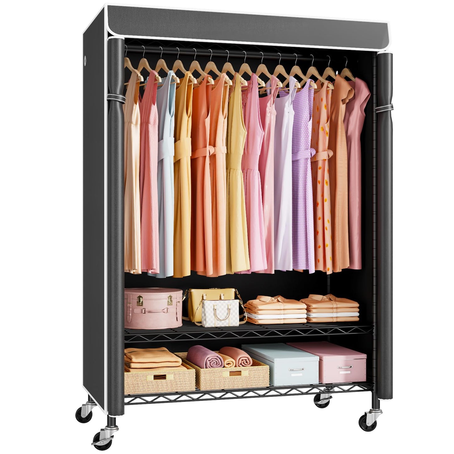ULIFHOME P6C Plus Rolling Clothes Rack with Cover, Covered Clothing Rack