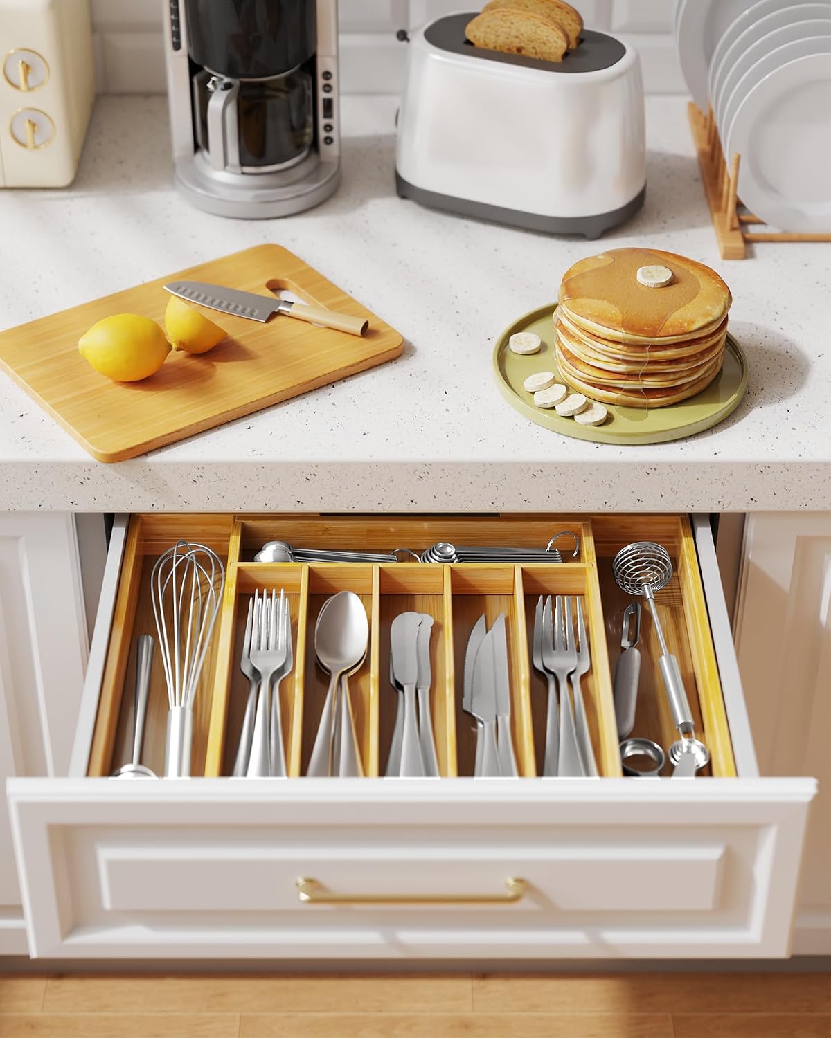 Kitsure Silverware Organizer, Bamboo Kitchen Drawer Tray, Natural, Large