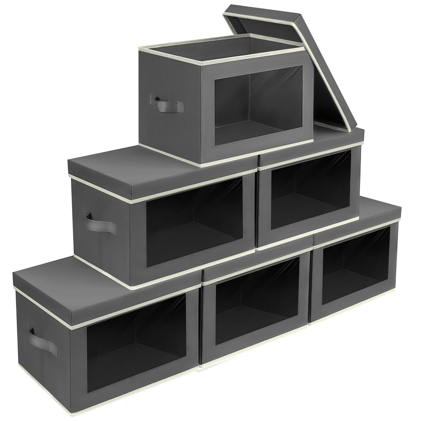 Homsorout Storage Bins with Lids - Fabric Storage Boxe with Window, Collapsible Closet Organizers with Handles, 3 Pack Decorative Bin, Home Cubes Baskets for Clothes, Hat, Books, Dark Grey