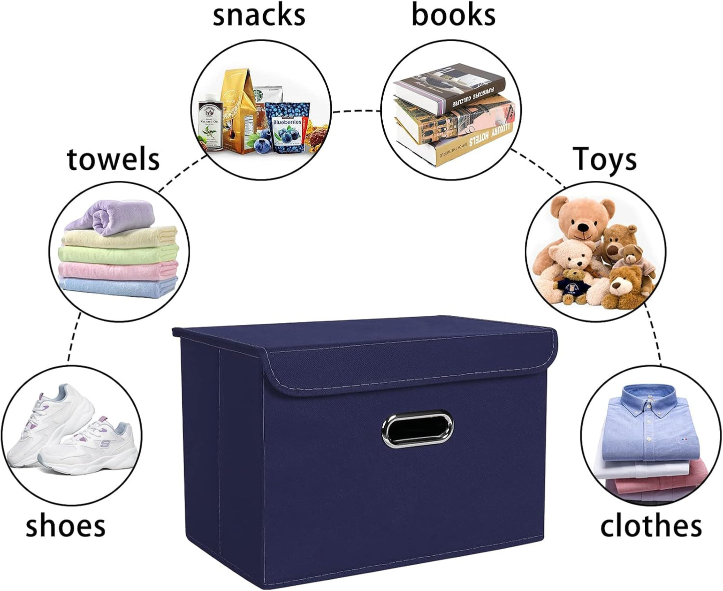 Linen Fabric Foldable Collapsible Storage Cube Bin Organizer Basket Fabric Storage Bins with Lid, Leather Handles, Removable Divider for Home, Closet,Navy Blue 3Pcs