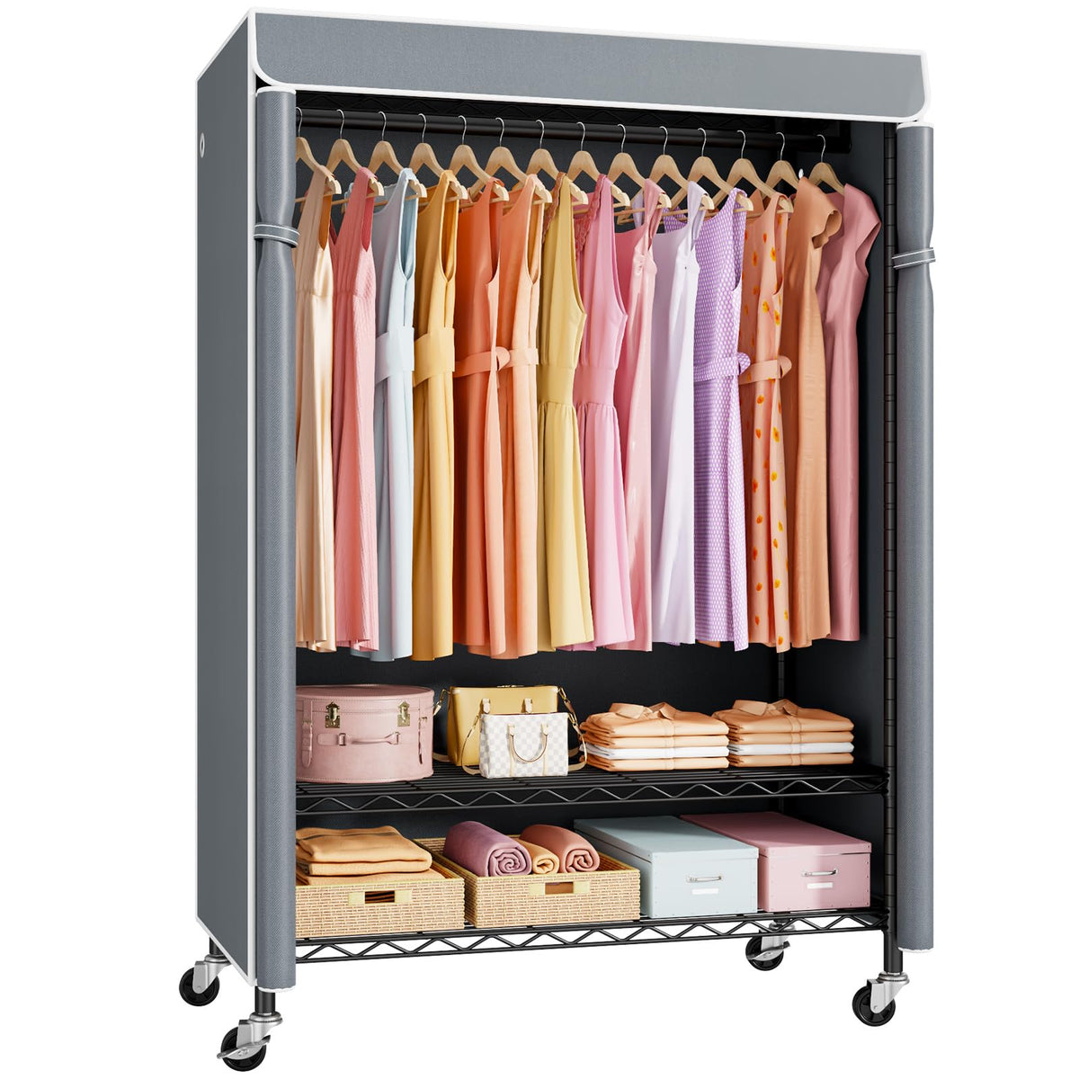 ULIFHOME P6C Plus Rolling Clothes Rack with Cover, Covered Clothing Rack