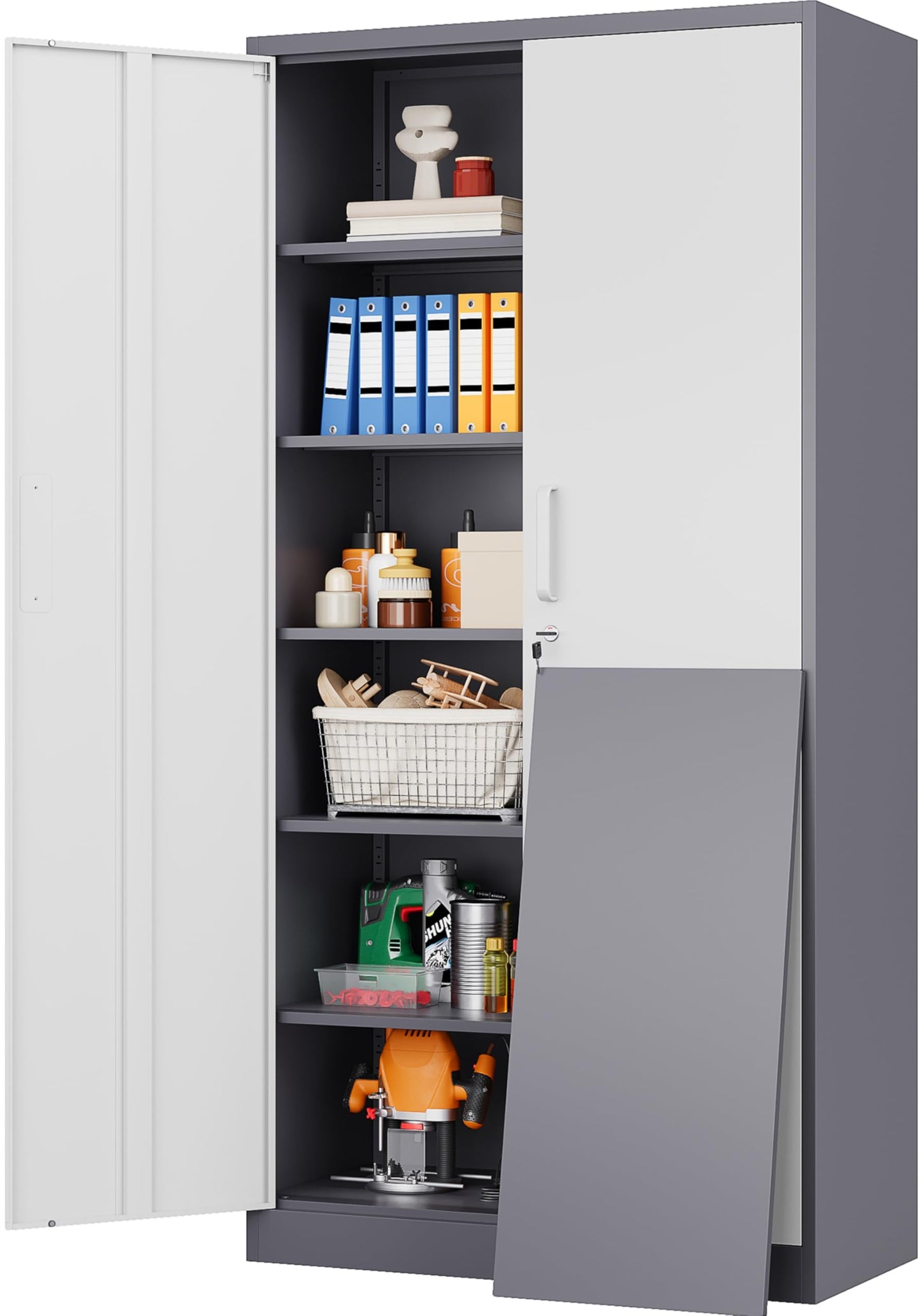 Wide & Deep Metal Storage Cabinet with Hanging Rod,Black Broom Closet Storage Cabinet with Lock,72" Tall Wardrobe Cabinets with Doors and Shelves,Locking Steel Tool Cabinets for Home,Office,Garage