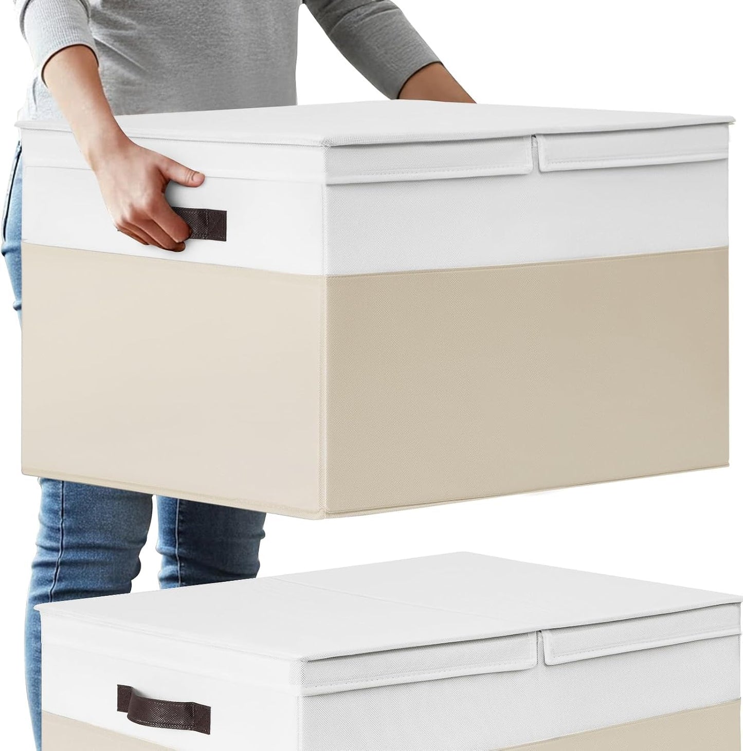 2 Pack EXTRA LARGE Blanket Storage Baskets with Lids, 22”x16”x12” Closet Organizers Bins for Clothes Towel/ Toy Storage Box with Lid Handles/ Stackable Decorative Fabric Bins for Living Room, Nursery