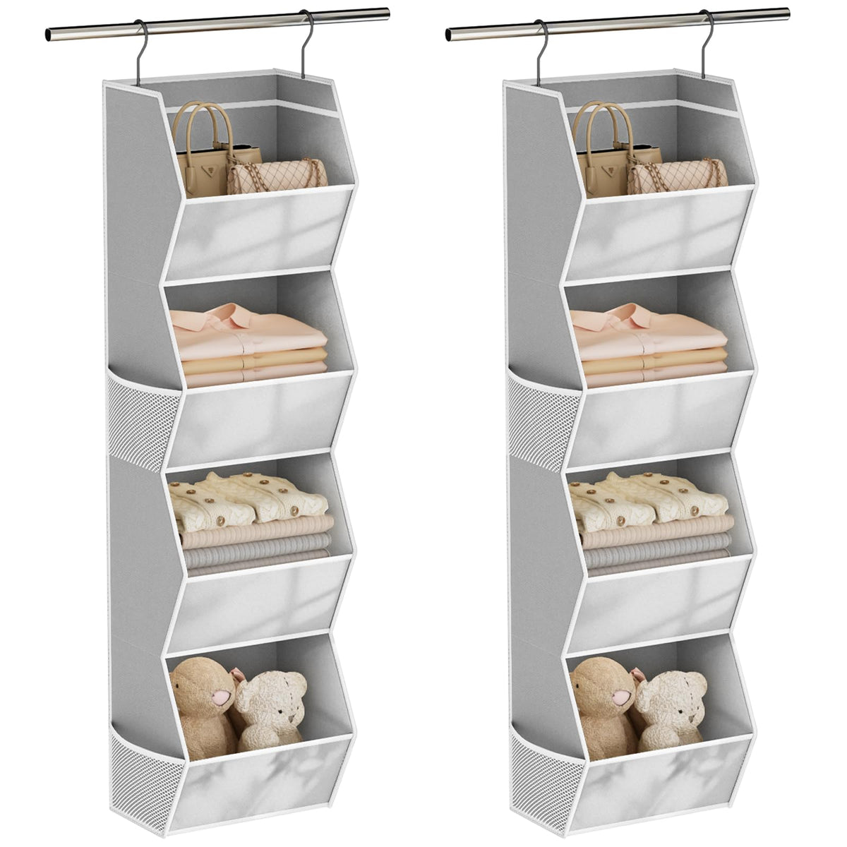 Hanging Closet Organizer 4 Shelf Collapsible Bedroom Closet Organizers and Storage Hanging with Mesh Pockets for Clothes, Fabric Hanging Storage Bins for Wardrobe Closet Organization and Storage, Grey