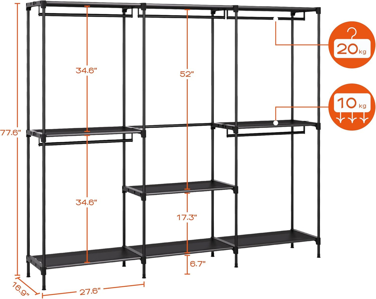 CASAMAYA Clothes Rack, Portable Closet, 80.7 Inch Extra Large Capacity Wardrobe Closet, Clothes Storage Organizer with Shelves and 5 Hanging Rods, Easy to Assembly, Black PCT036B01
