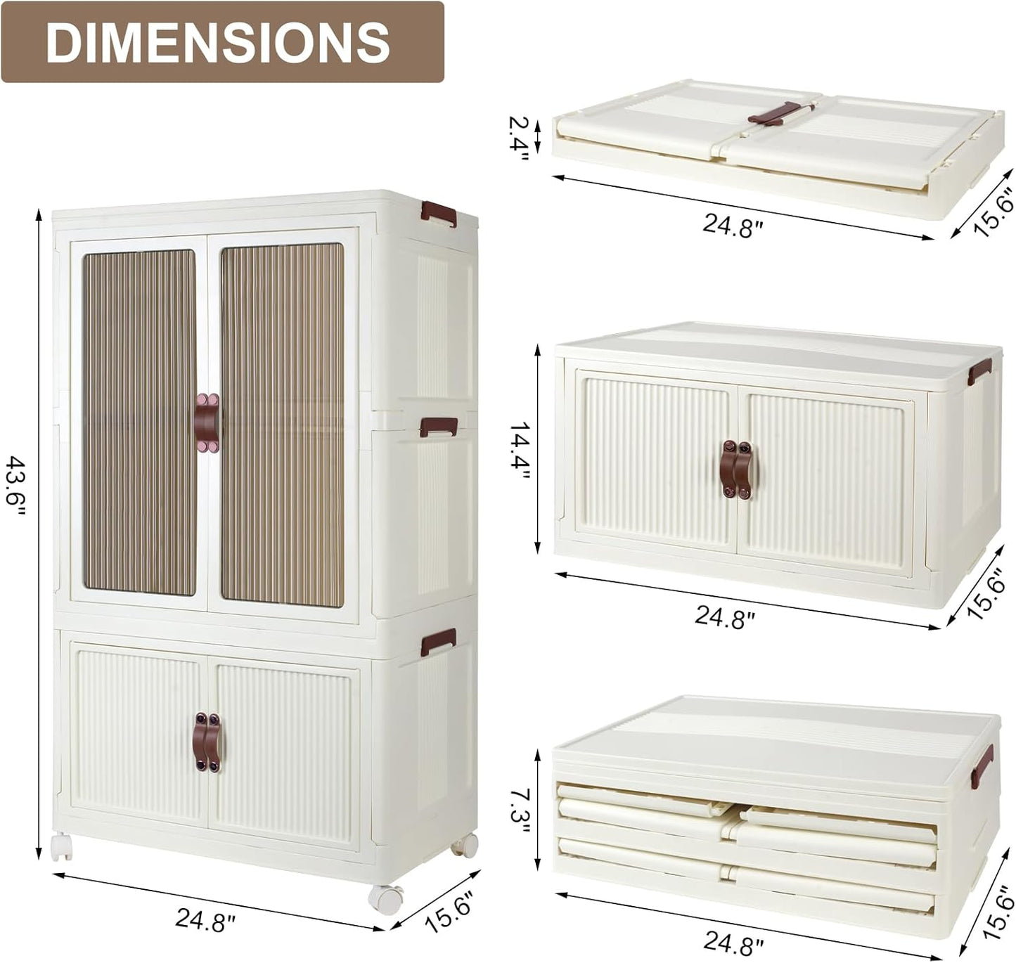 FozsKeylf Stackable Closet Storage Bins, Collapsible Clothes Organizers, Portable Wardrobe Closet with Lids and Doors, Movable Clothes Storage with Coat Hangers, White