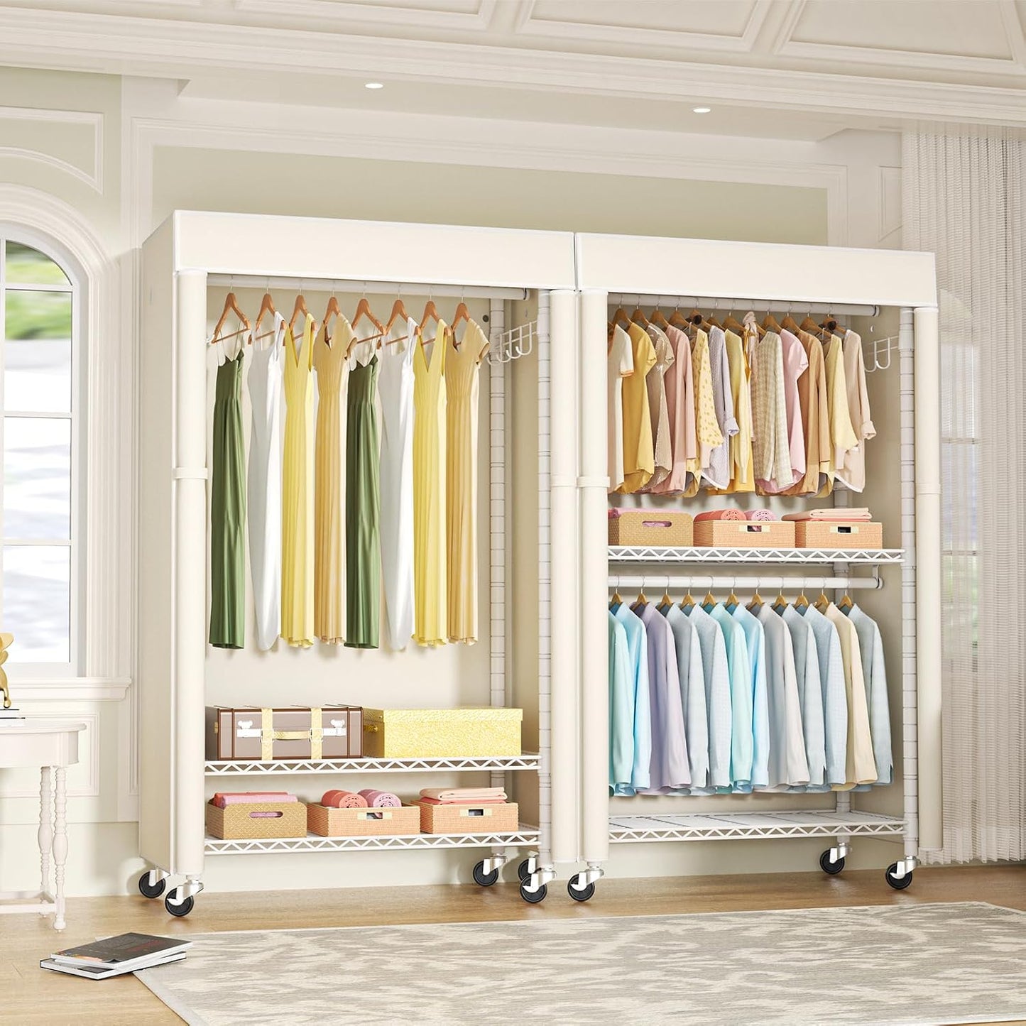FUTASSI White Clothing Rack with Beige Cover, P1C Rolling Closets