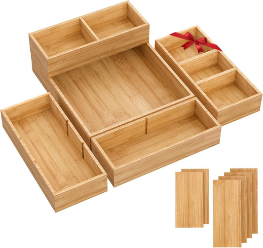Bamboo Drawer Organizer, 5-Piece Stackable Trays with Removable Dividers