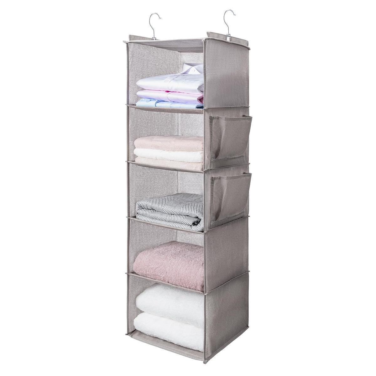 BOOMIBOO Hanging Closet Organize and Shelves，5-Hanging Shelf with 2 Side Pockets，Storage Foldable （Grey）