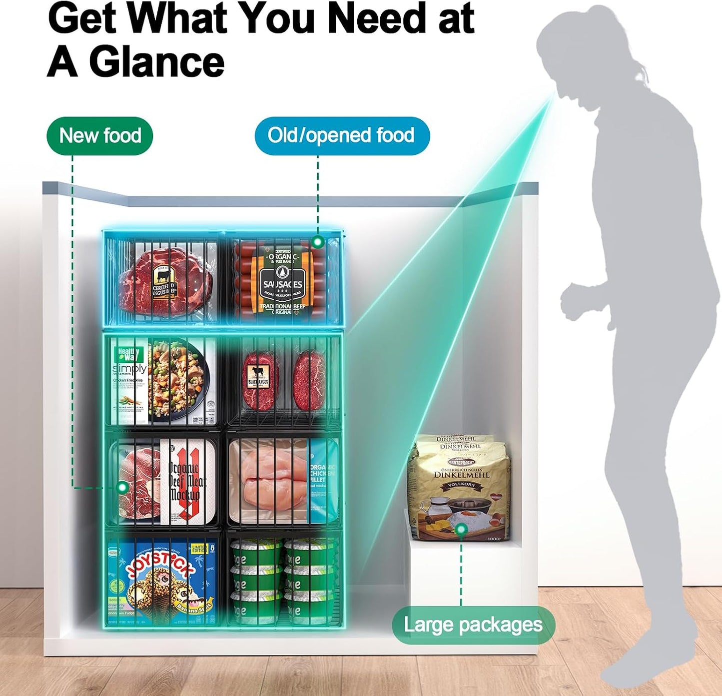 Freezer Organizer Bins, 4 Pack Big Baskets for 5/ 7 Cu.FT Deep Freezer