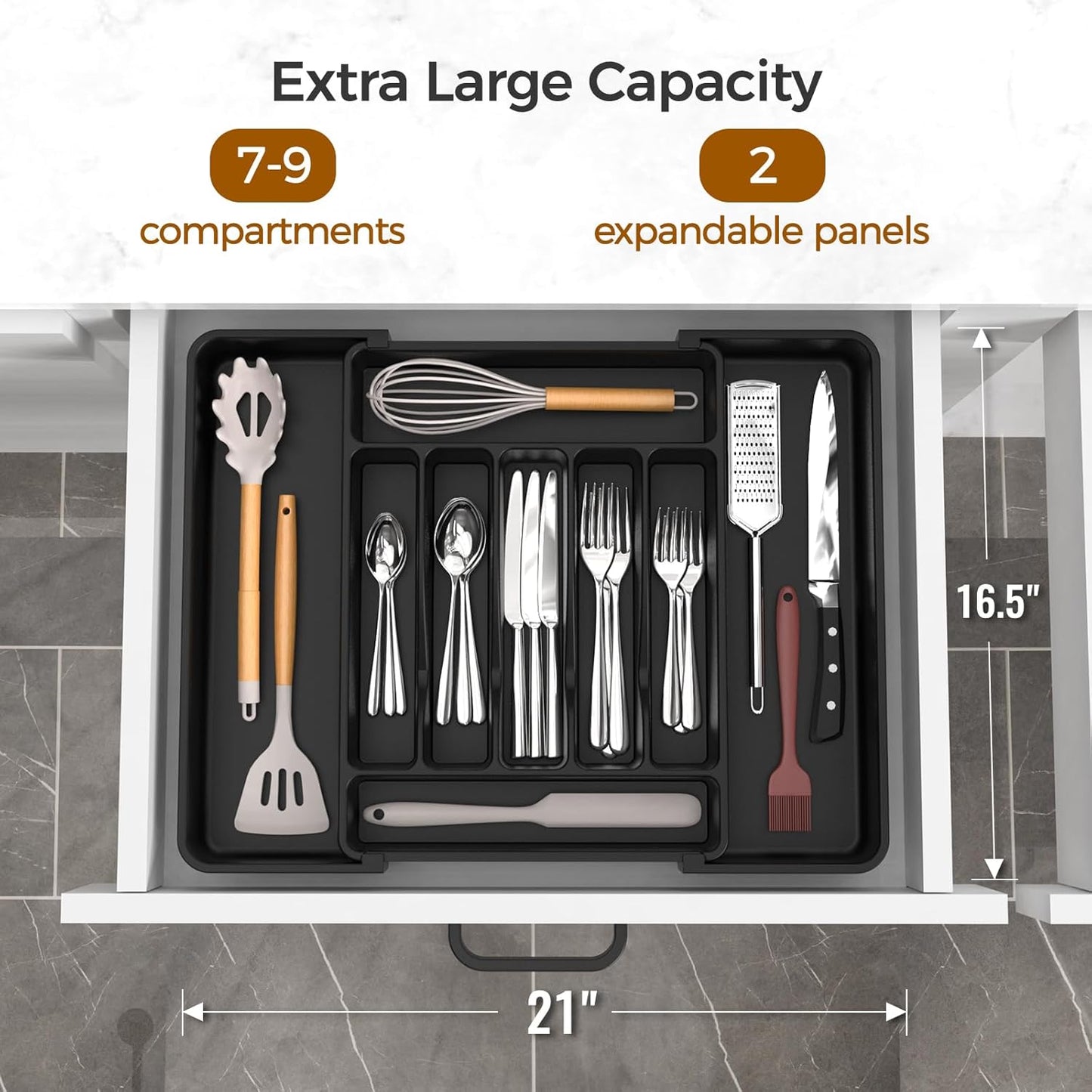 ukeetap Extra Large Expandable Silverware Organizer, Flatware Tray, Black