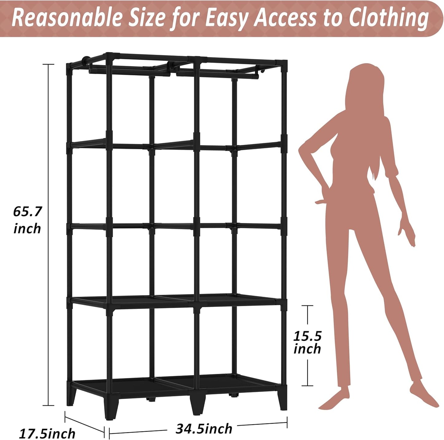 Wardrobe Closet, Quick and Easy Assembly, Black Portable Closet