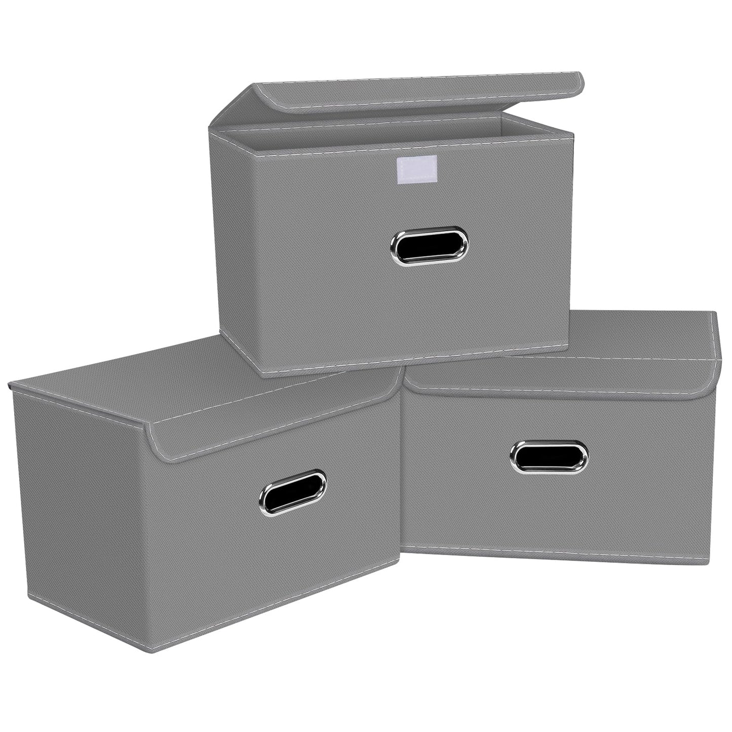 Linen Fabric Foldable Collapsible Storage Cube Bin Organizer Basket Fabric Storage Bins with Lid, Leather Handles, Removable Divider for Home, Closet,Navy Blue 3Pcs