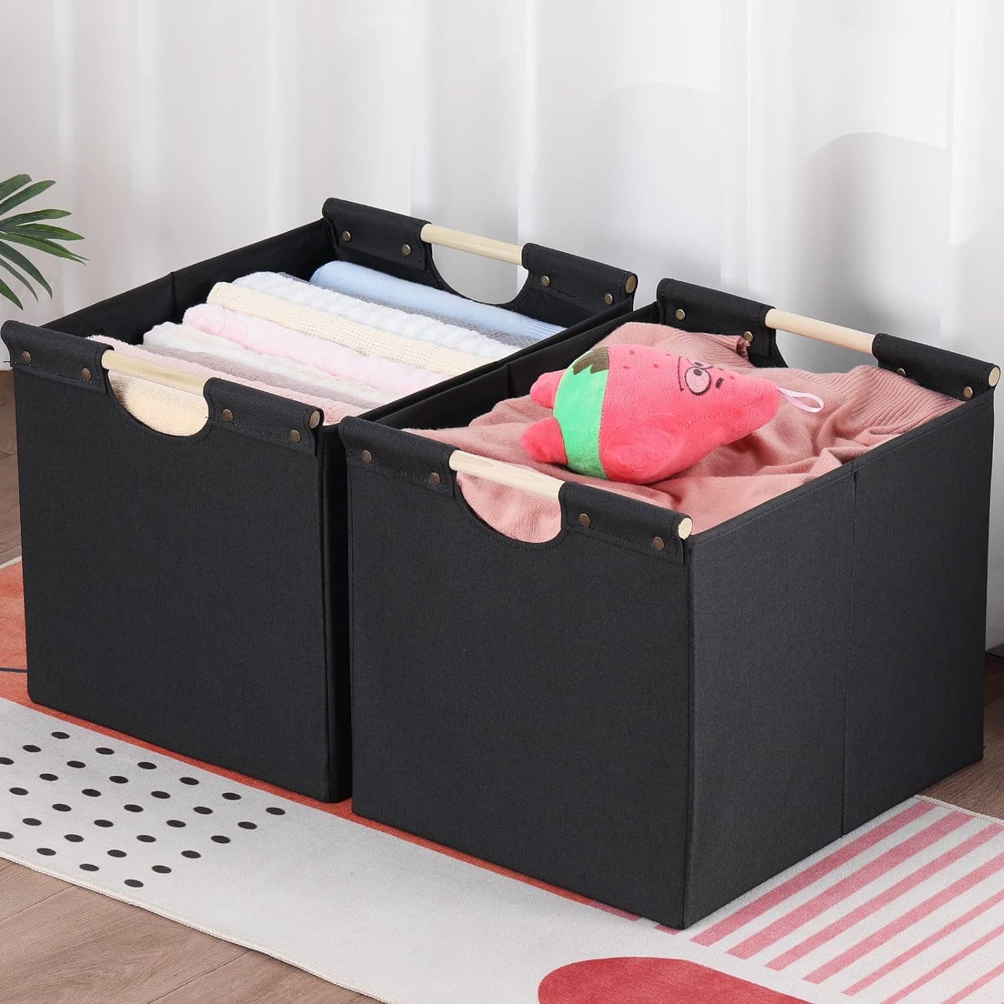 HOONEX Large Collapsible Storage Bins, Linen Fabric, Pack of 2, Storage Baskets with Wooden Carry Handles and Sturdy Heavy Cardboard, for Home, Office, Car, Nursery, Black