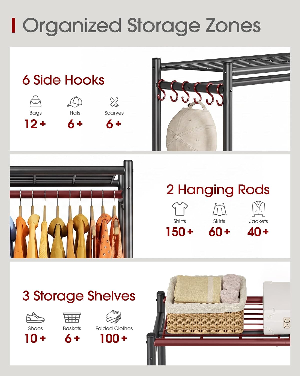 Sakugi Clothes Rack - 33.0" x 12.2" x 79.5" Clothing Rack with Shelves & Wheels, Multi-Functional Wardrobe Closet with Hooks, Sturdy Metal Garment Rack for Bedroom, Laundry, Balcony (Black)