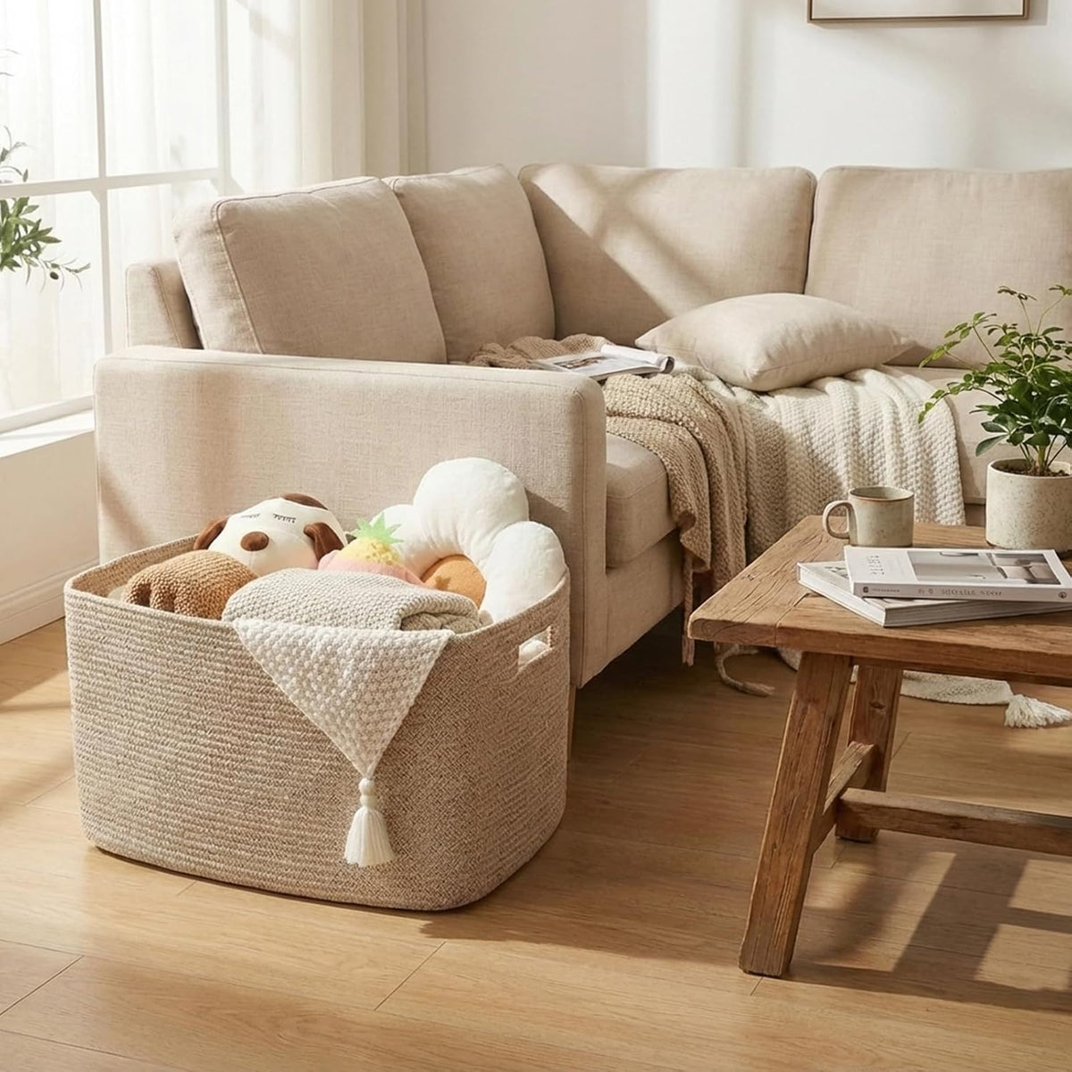 JMvicyroam 65L Large Woven Cotton Rope Blanket Basket, Oatmeal