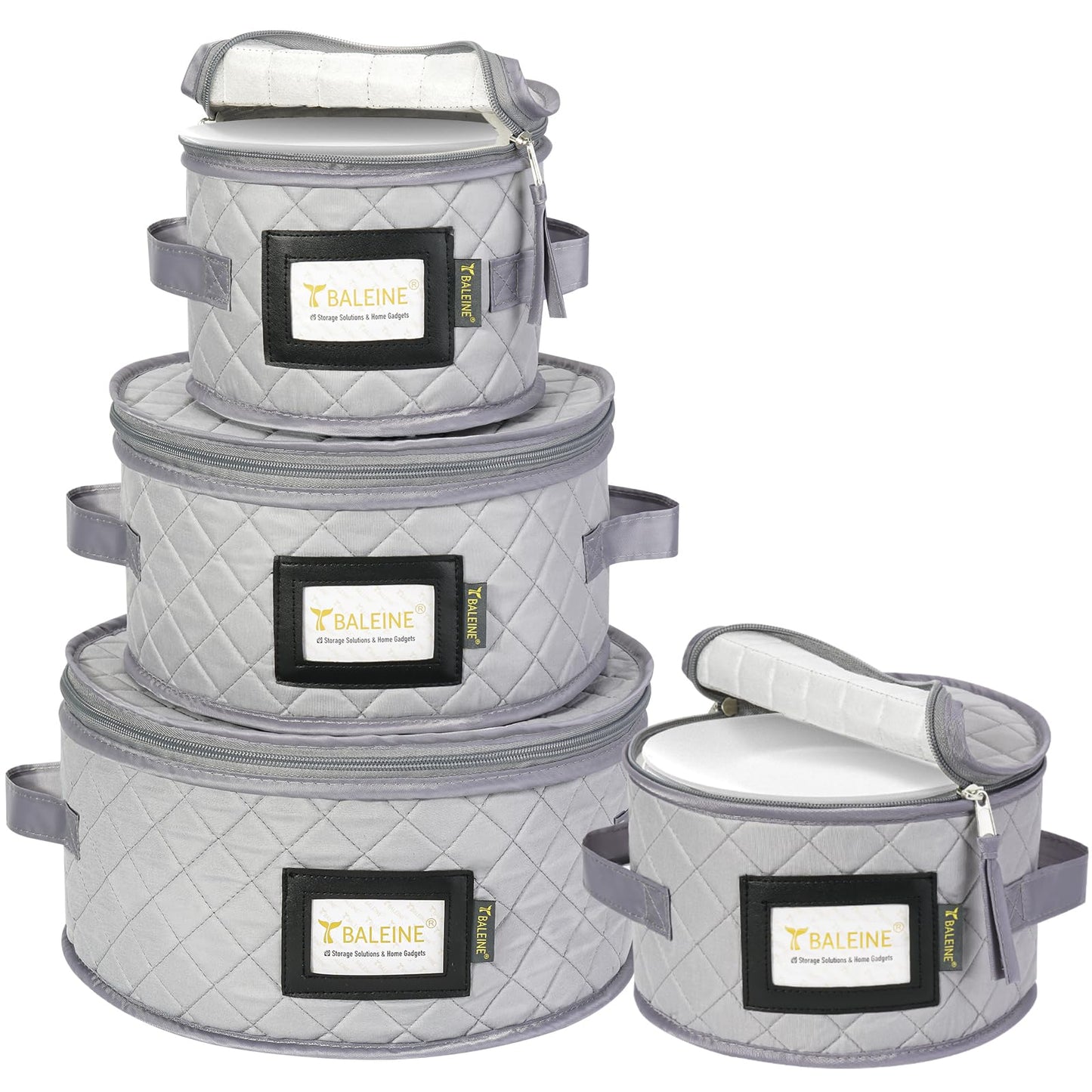 BALEINE China Storage Containers, Sturdy Quilted Wine Glass Storage, Plate Organizer with Carry Handles, Moving Boxes for Dishes, Cups, Mugs and Stemware (Plate Mug Combo, Soft Shell Cream)