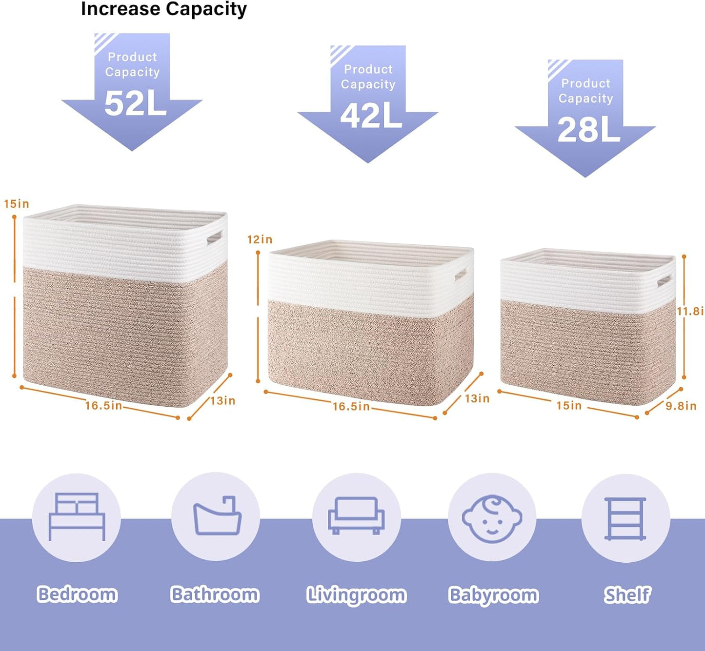 OIAHOMY 2 PACK Tall Storage baskets 42L Blanket Basket Living Room Brown